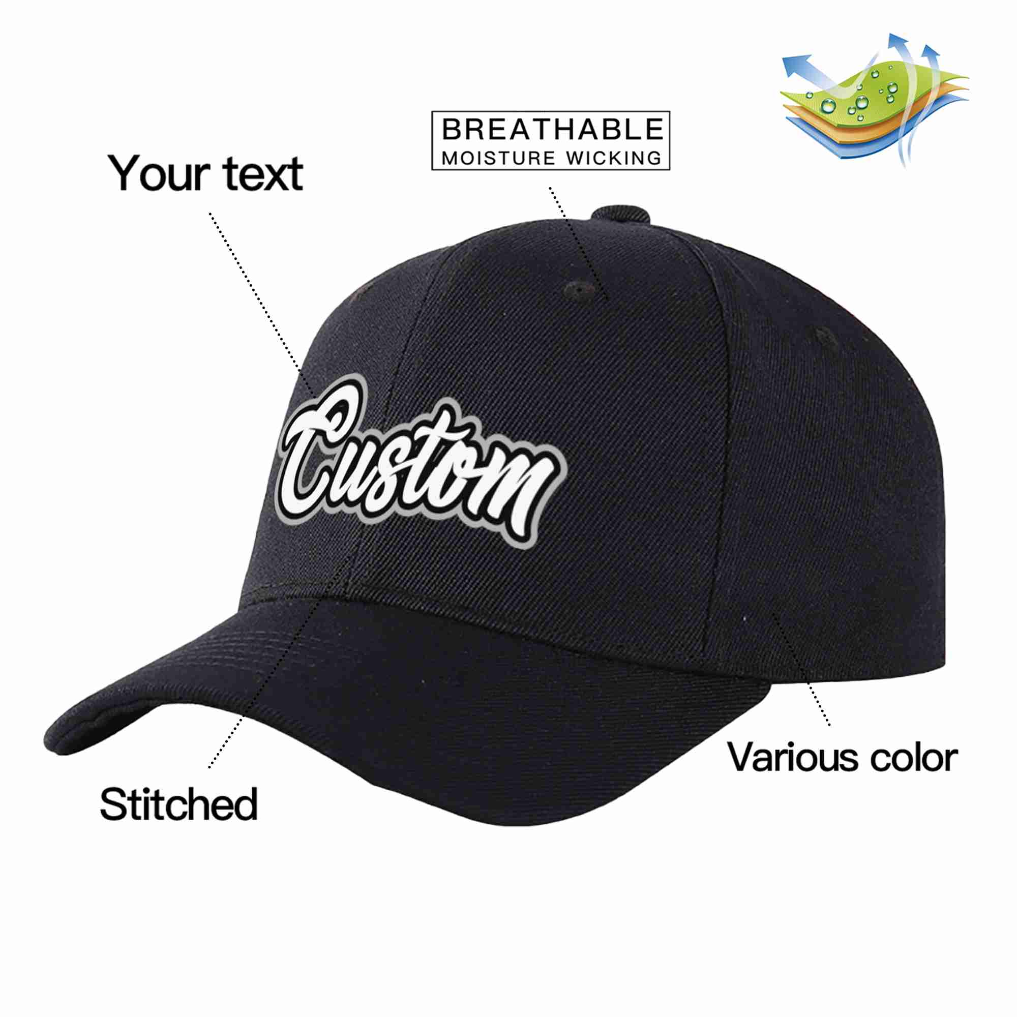 Custom Black White-Black Curved Eaves Sport Baseball Cap Design for Men/Women/Youth