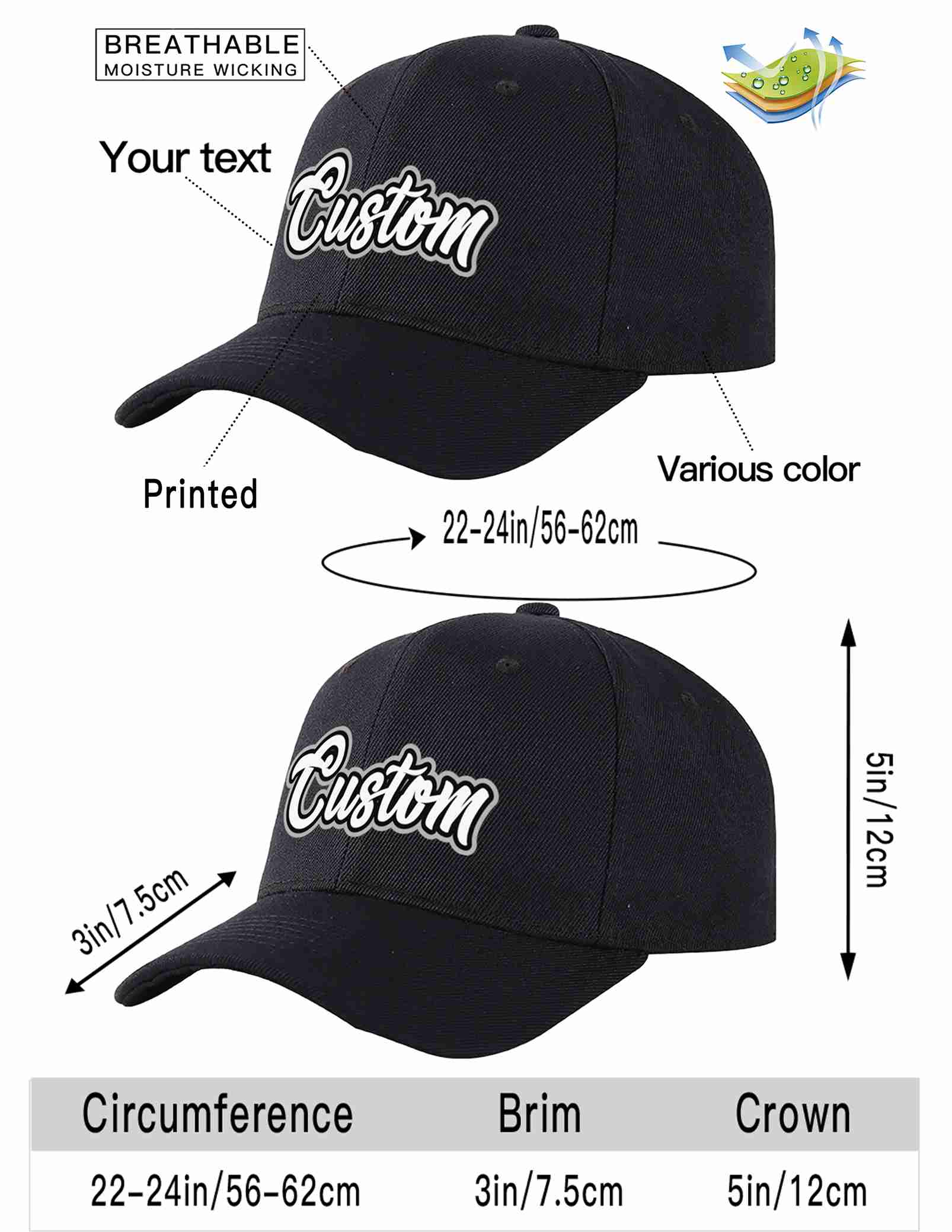 Custom Black White-Black Curved Eaves Sport Baseball Cap Design for Men/Women/Youth