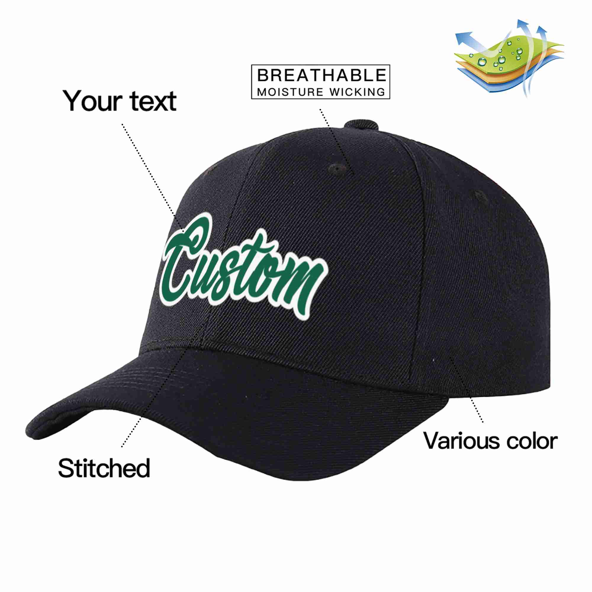 Custom Black Kelly Green-White Curved Eaves Sport Baseball Cap Design for Men/Women/Youth