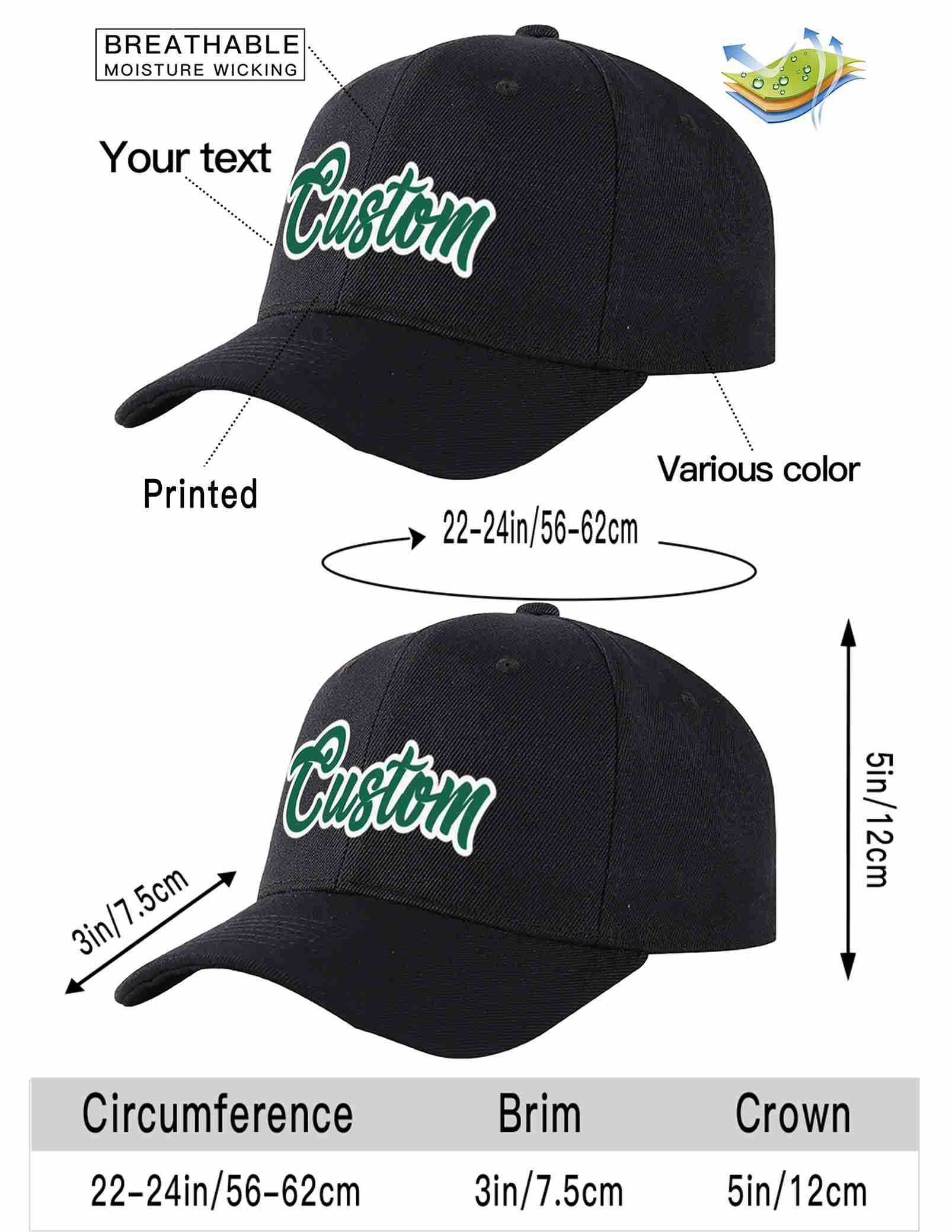 Custom Black Kelly Green-White Curved Eaves Sport Baseball Cap Design for Men/Women/Youth