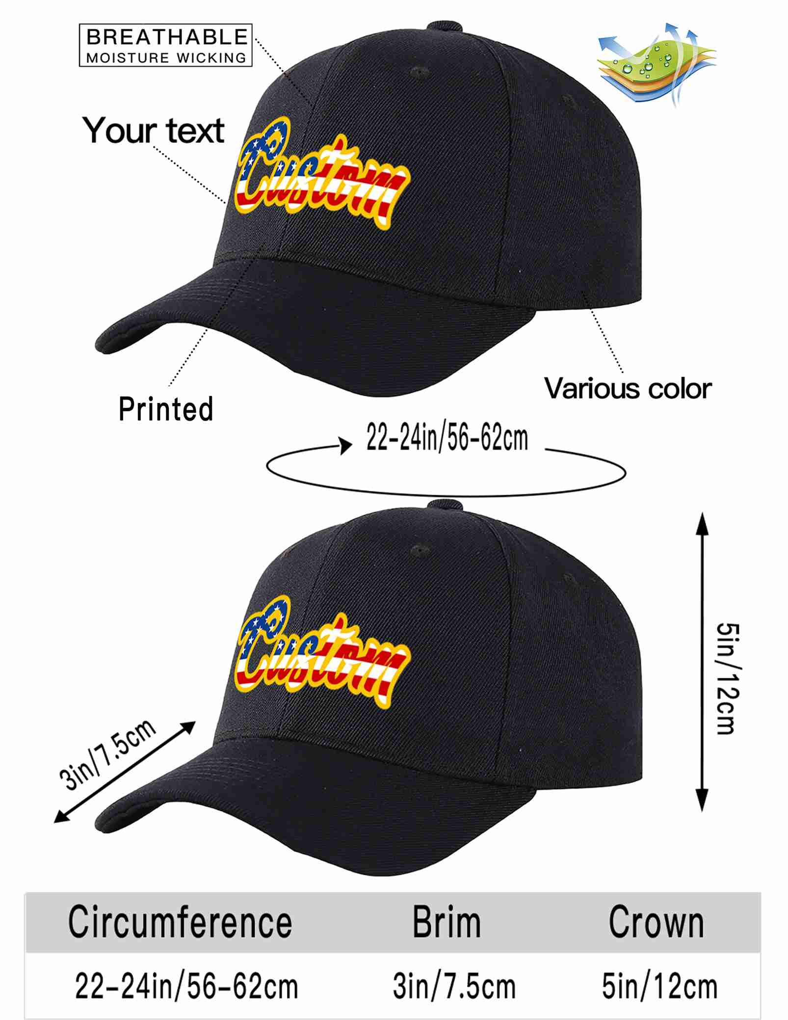 Custom Black Vintage USA Flag-Gold Curved Eaves Sport Baseball Cap Design for Men/Women/Youth