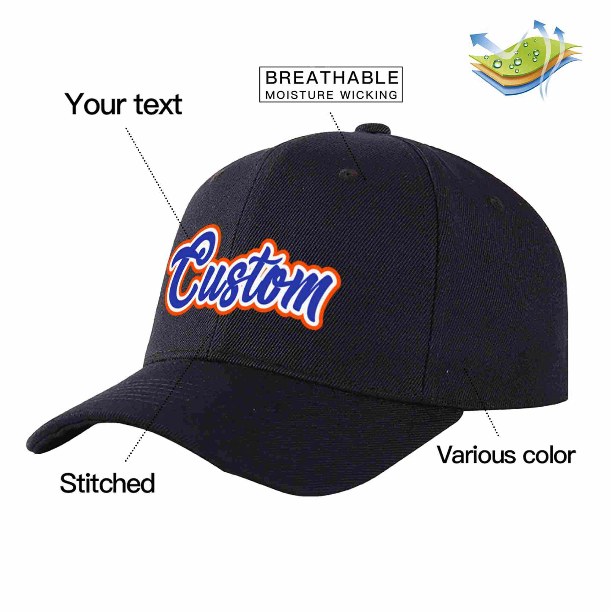 Conception personnalisée de casquette de baseball de sport incurvée noir royal-blanc pour hommes/femmes/jeunes