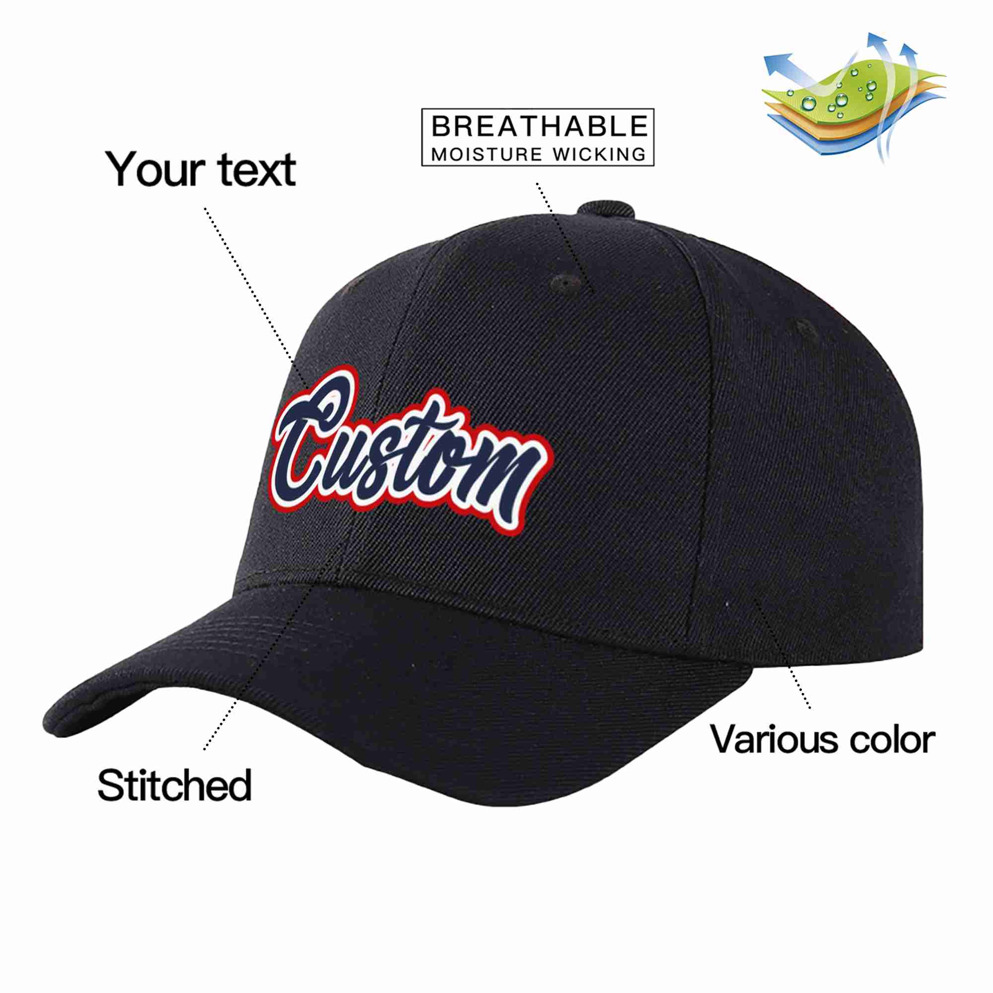 Custom Black Navy-White Curved Eaves Sport Baseball Cap Design for Men/Women/Youth