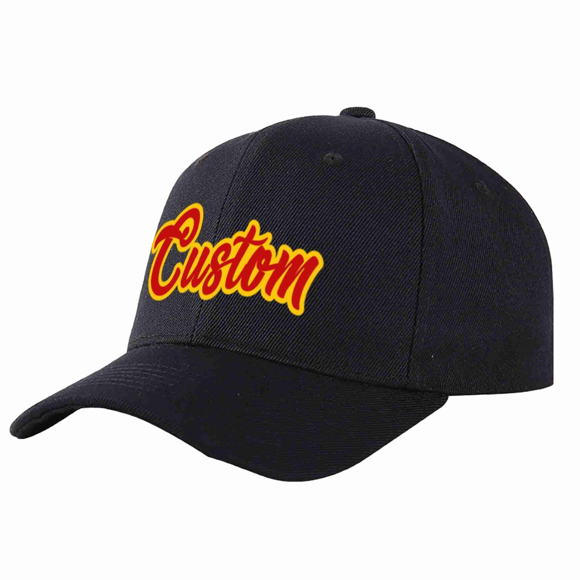 Conception personnalisée de casquette de baseball de sport incurvée noir rouge-jaune pour hommes/femmes/jeunes