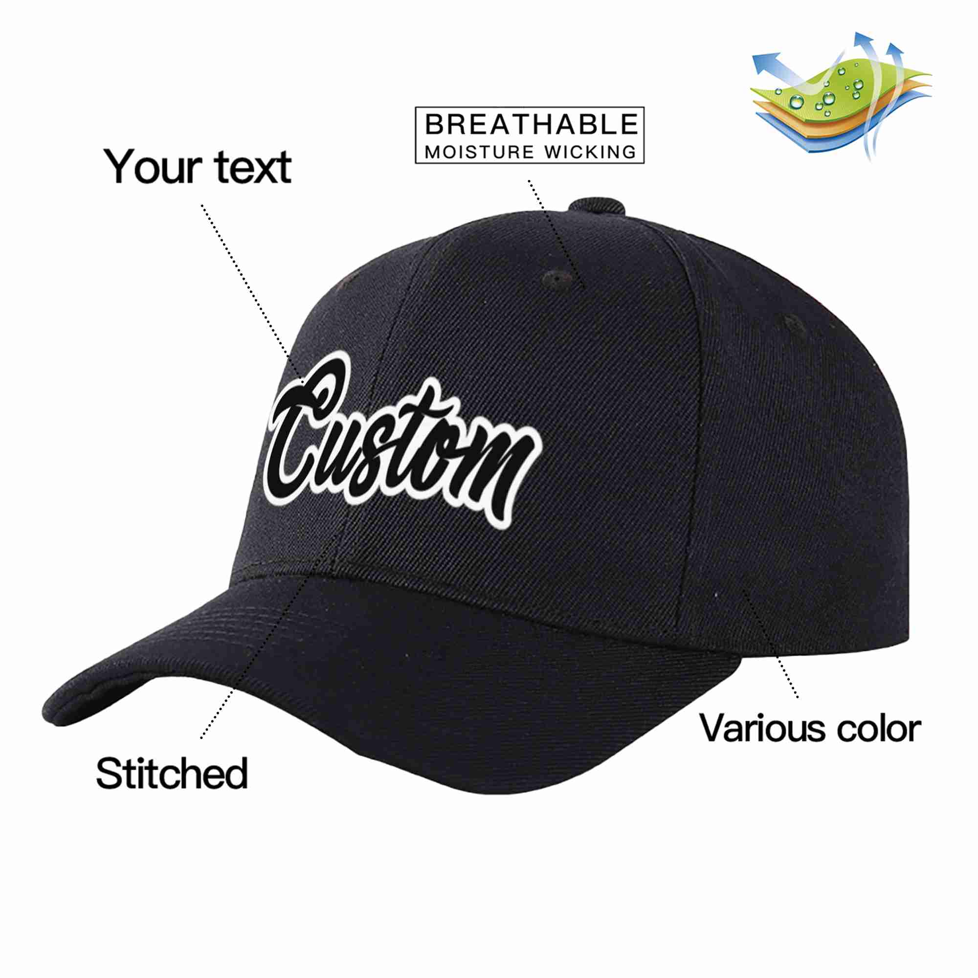 Conception personnalisée de casquette de baseball de sport incurvée noir noir-blanc pour hommes/femmes/jeunes