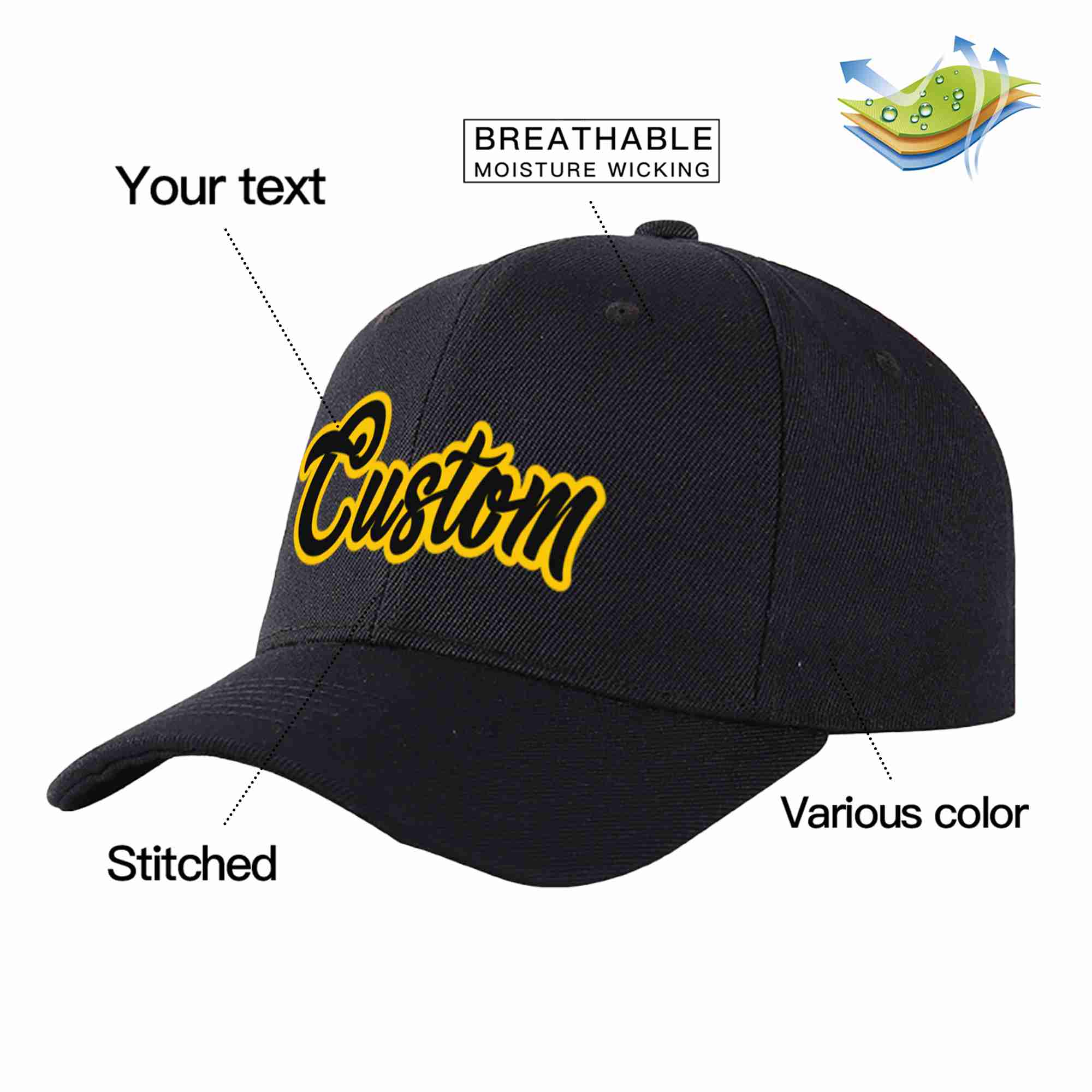 Conception personnalisée de casquette de baseball de sport incurvée noir-or noir pour hommes/femmes/jeunes