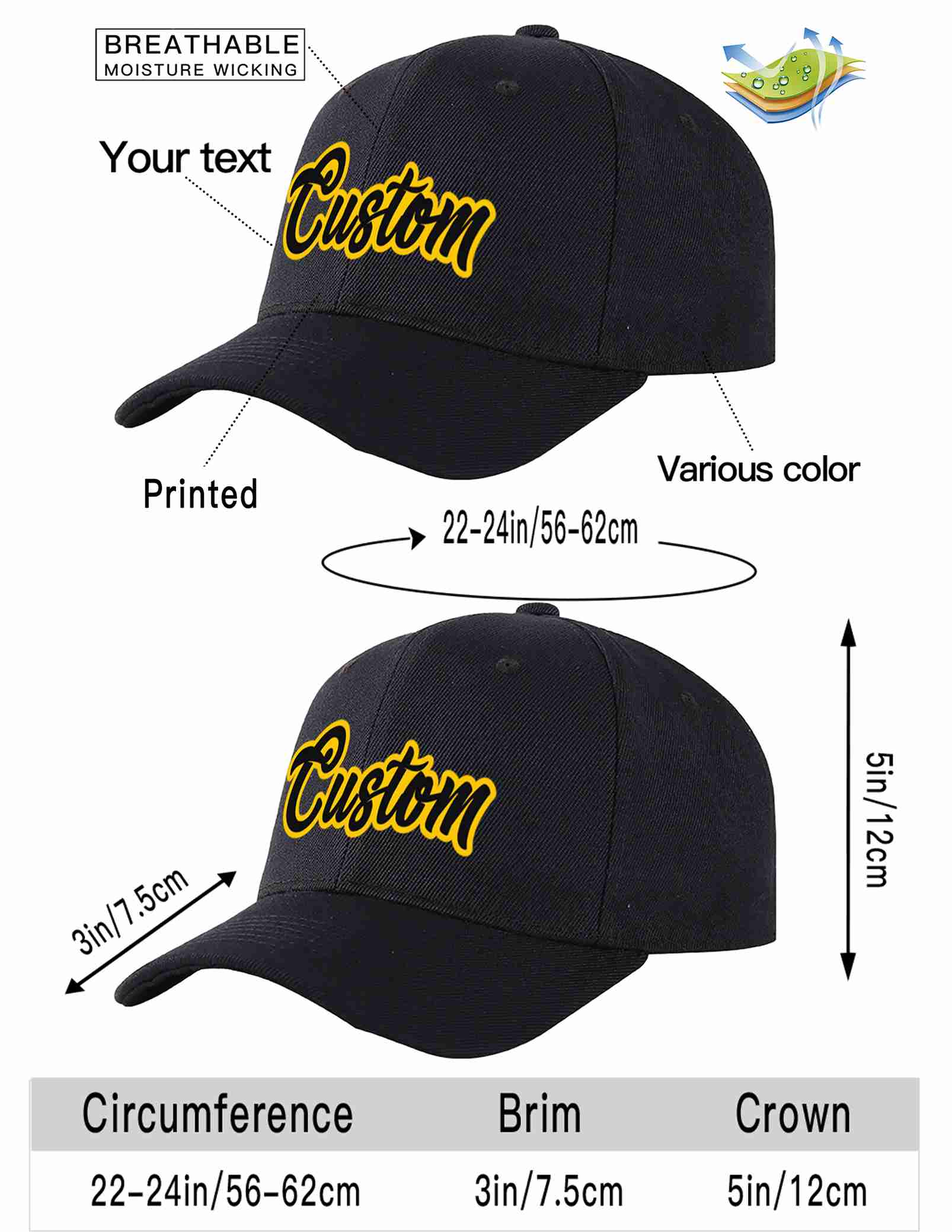 Custom Black Black-Gold Curved Eaves Sport Baseball Cap Design for Men/Women/Youth