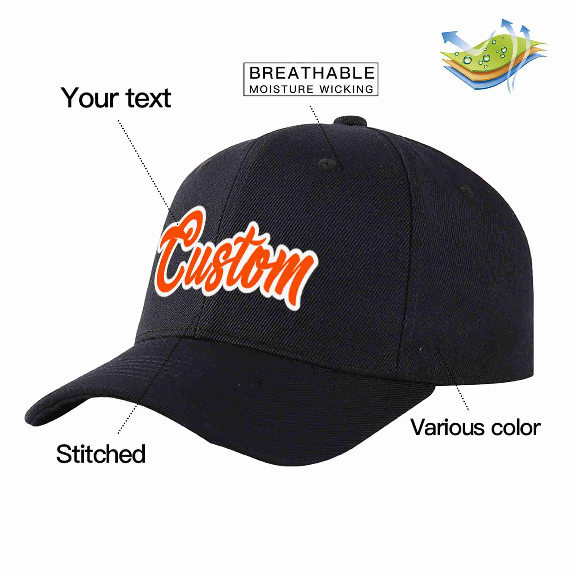 Conception personnalisée de casquette de baseball de sport incurvée noir orange-blanc pour hommes/femmes/jeunes