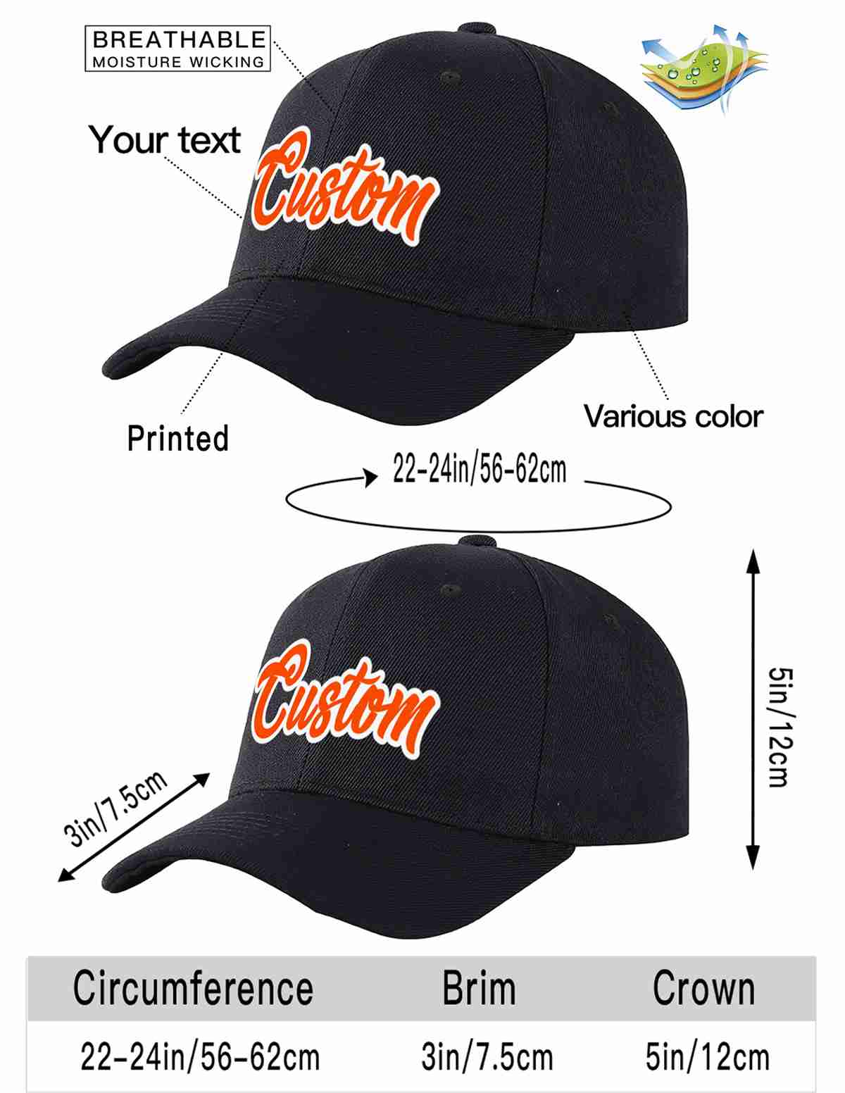 Conception personnalisée de casquette de baseball de sport incurvée noir orange-blanc pour hommes/femmes/jeunes