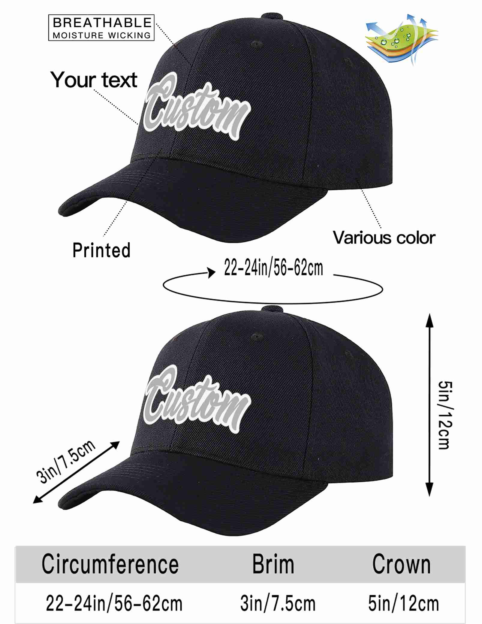 Custom Black Gray-White Curved Eaves Sport Baseball Cap Design for Men/Women/Youth