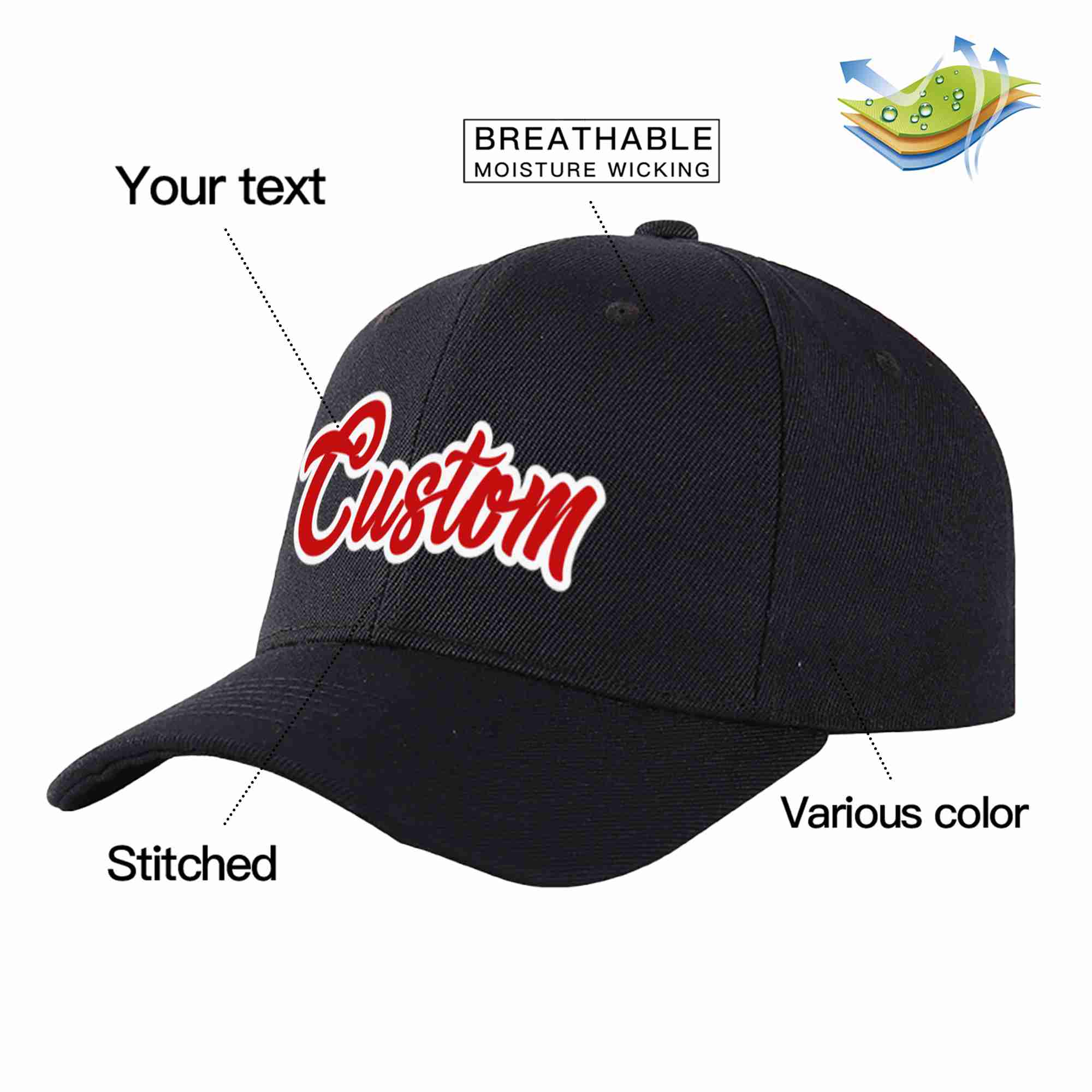 Custom Black Red-White Curved Eaves Sport Baseball Cap Design for Men/Women/Youth