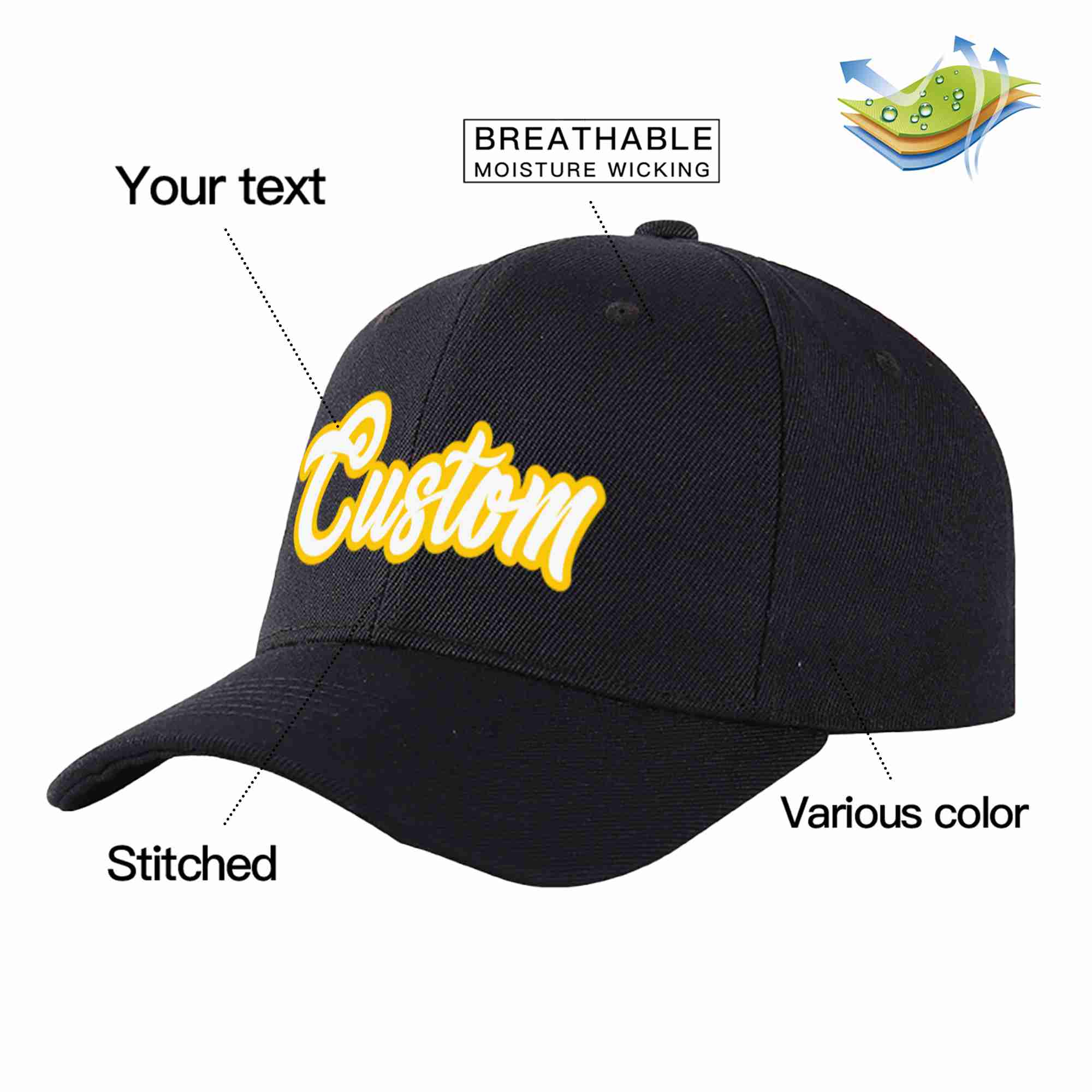 Custom Black White-Gold Curved Eaves Sport Baseball Cap Design for Men/Women/Youth