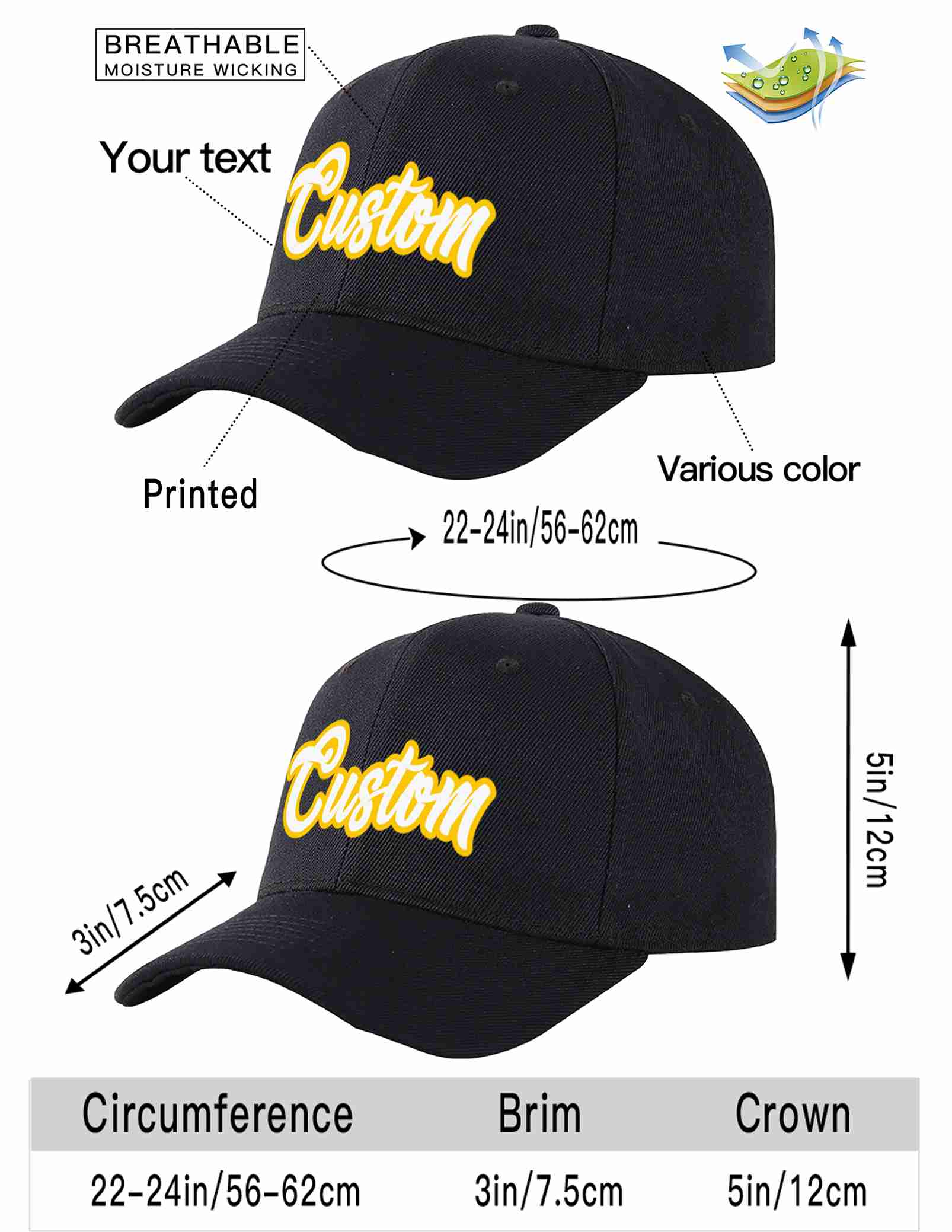 Custom Black White-Gold Curved Eaves Sport Baseball Cap Design for Men/Women/Youth