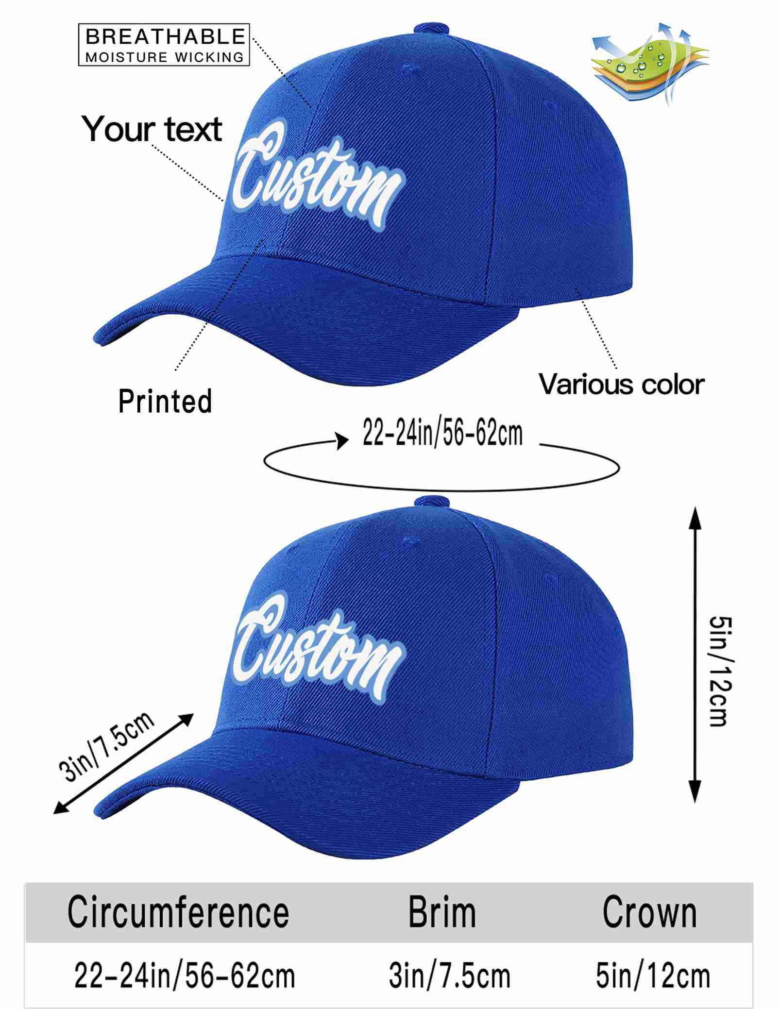 Custom Royal White-Light Blue Curved Eaves Sport Baseball Cap Design for Men/Women/Youth