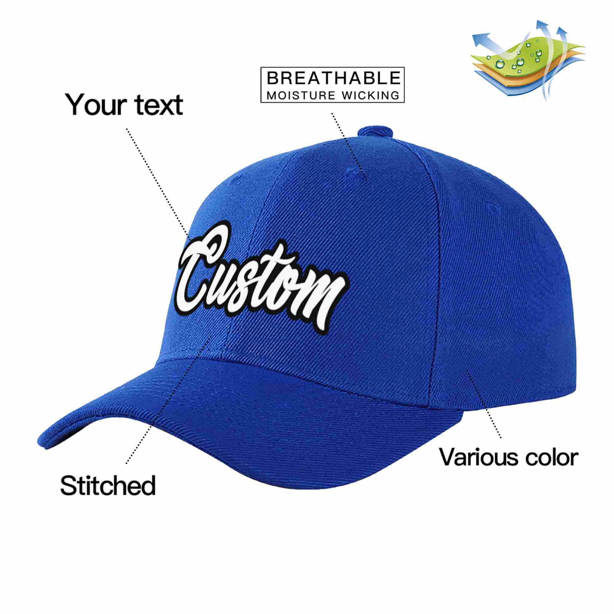 Conception personnalisée de casquette de baseball de sport incurvée Eaves blanc-noir royal pour hommes/femmes/jeunes