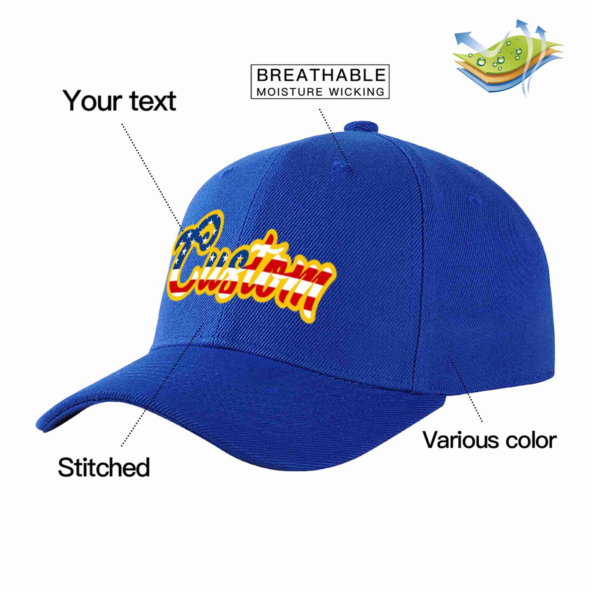 Casquette de baseball de sport personnalisée avec drapeau royal vintage des États-Unis, design incurvé jaune, pour hommes/femmes/jeunes