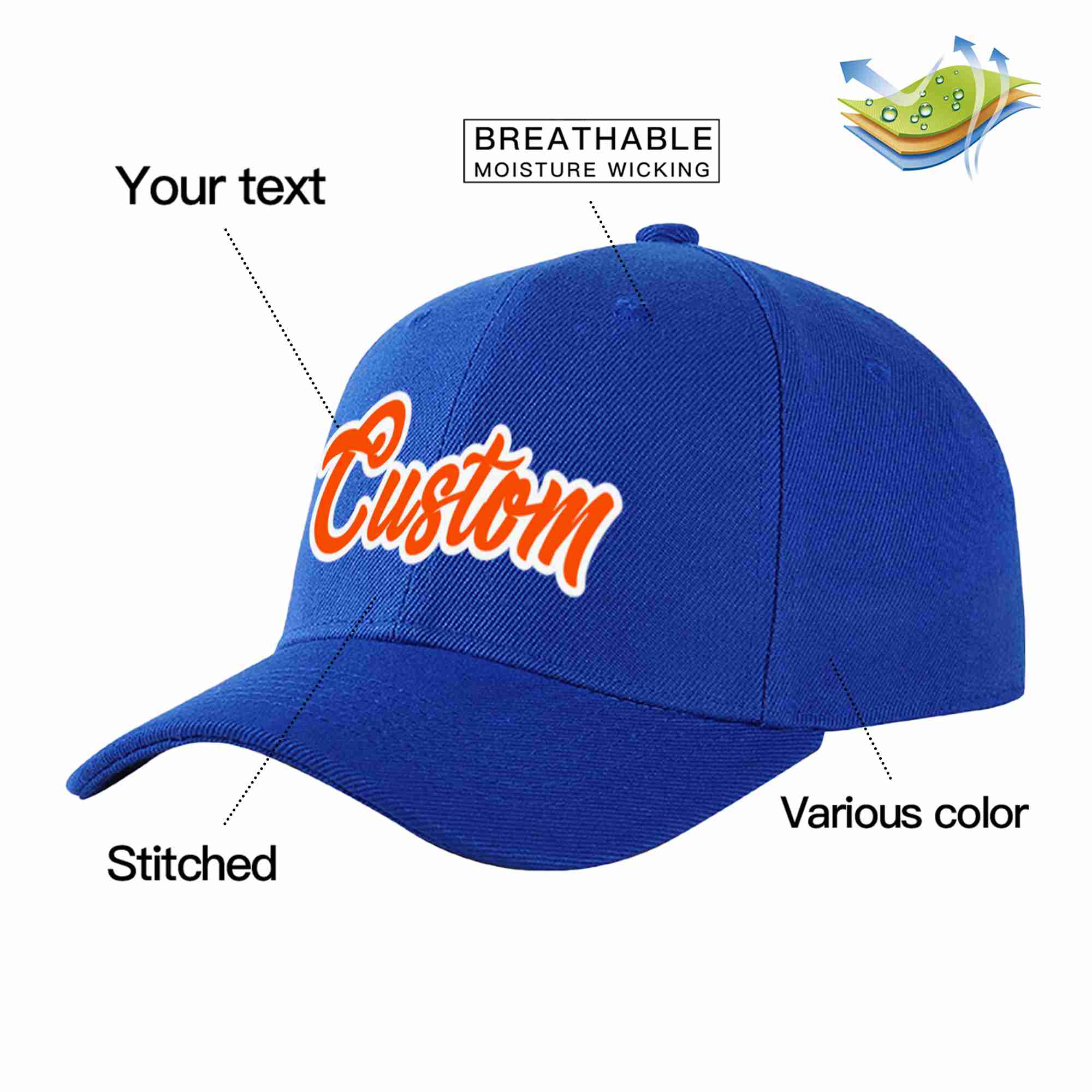 Conception personnalisée de casquette de baseball de sport incurvée orange-blanc royal pour hommes/femmes/jeunes