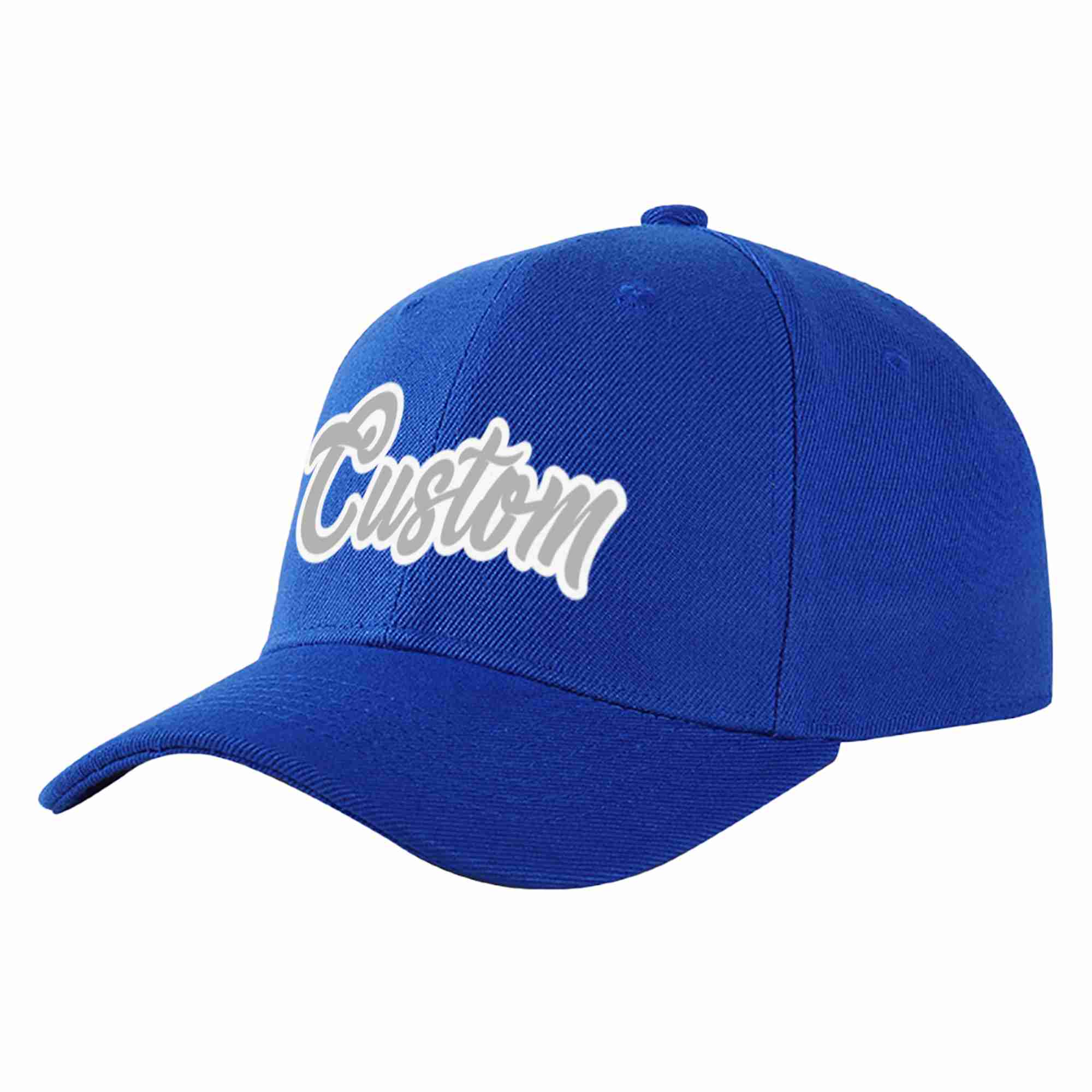 Conception personnalisée de casquette de baseball de sport incurvée gris-blanc royal pour hommes/femmes/jeunes