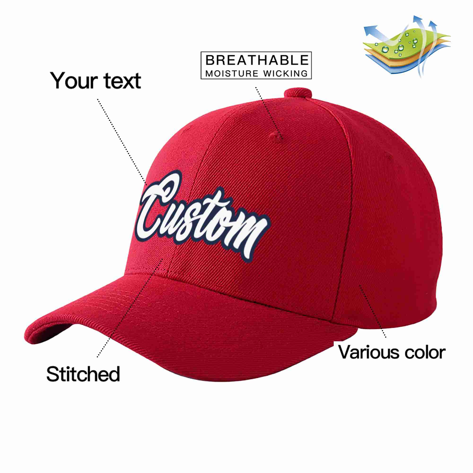 Conception personnalisée de casquette de baseball de sport incurvée rouge blanc-marine pour hommes/femmes/jeunes