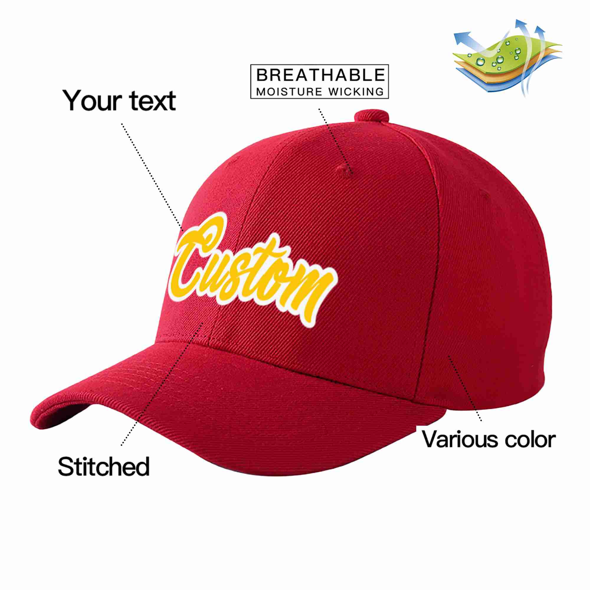 Conception personnalisée de casquette de baseball de sport courbée rouge or-blanc pour hommes/femmes/jeunes