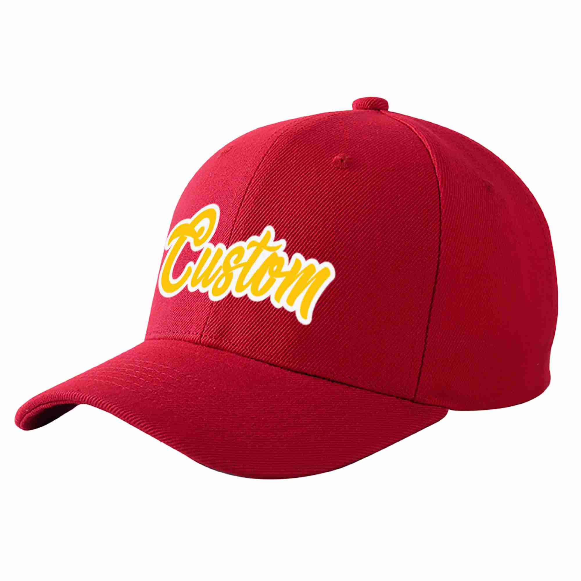 Conception personnalisée de casquette de baseball de sport courbée rouge or-blanc pour hommes/femmes/jeunes