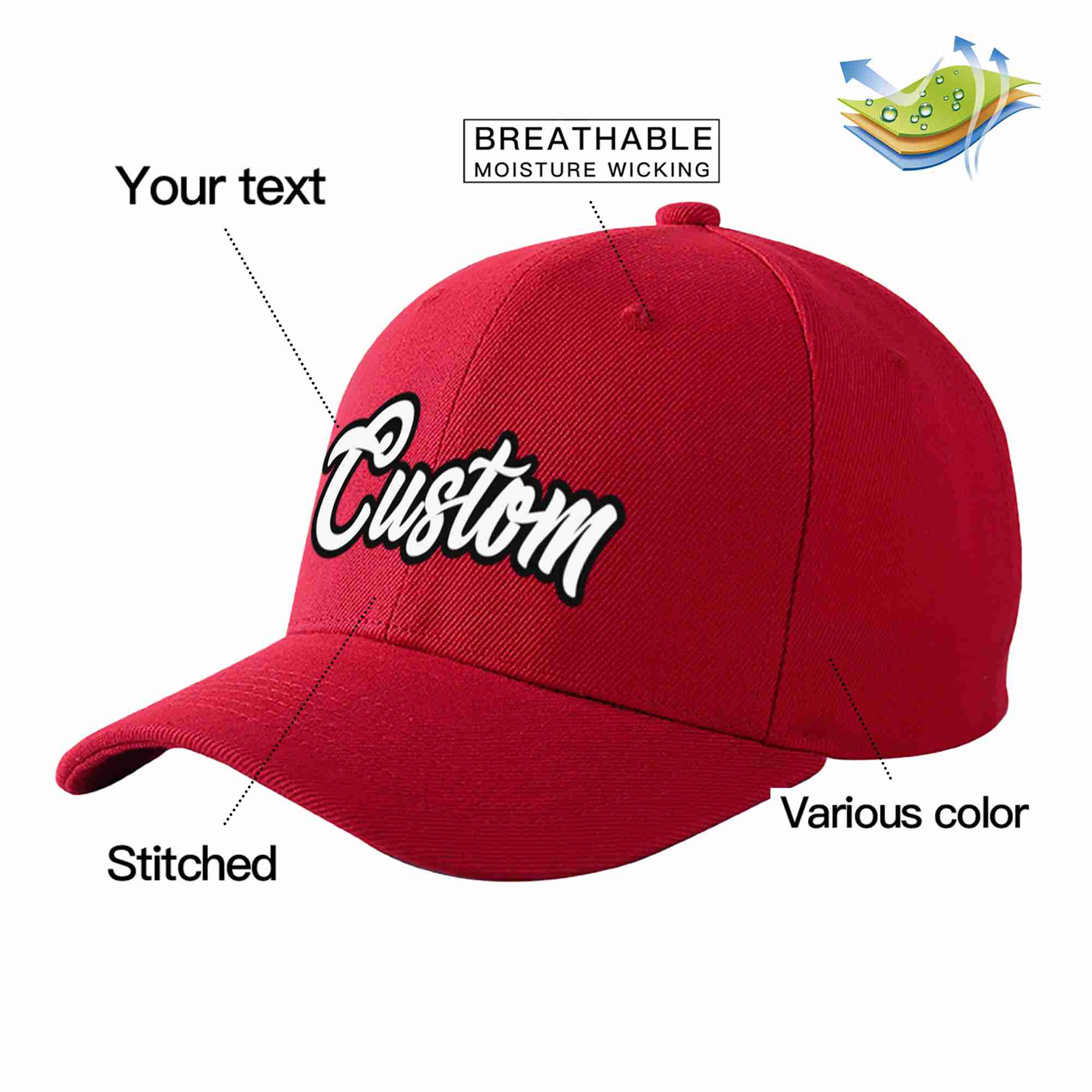 Conception personnalisée de casquette de baseball de sport incurvée rouge blanc-noir pour hommes/femmes/jeunes