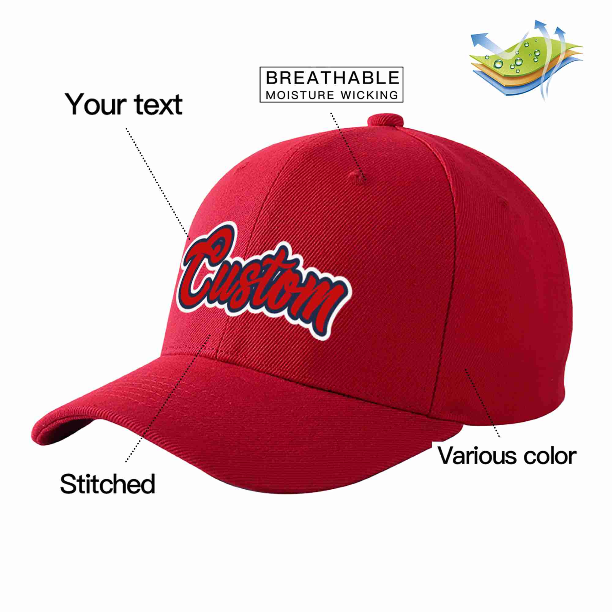 Conception personnalisée de casquette de baseball de sport courbée rouge-marine rouge pour hommes/femmes/jeunes