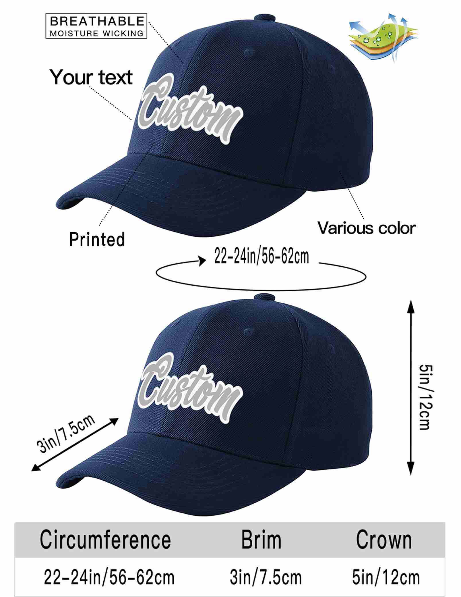 Custom Navy Gray-White Curved Eaves Sport Baseball Cap Design for Men/Women/Youth