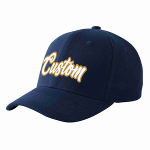 Custom Navy White-Old Gold Curved Eaves Sport Baseball Cap Design for Men/Women/Youth