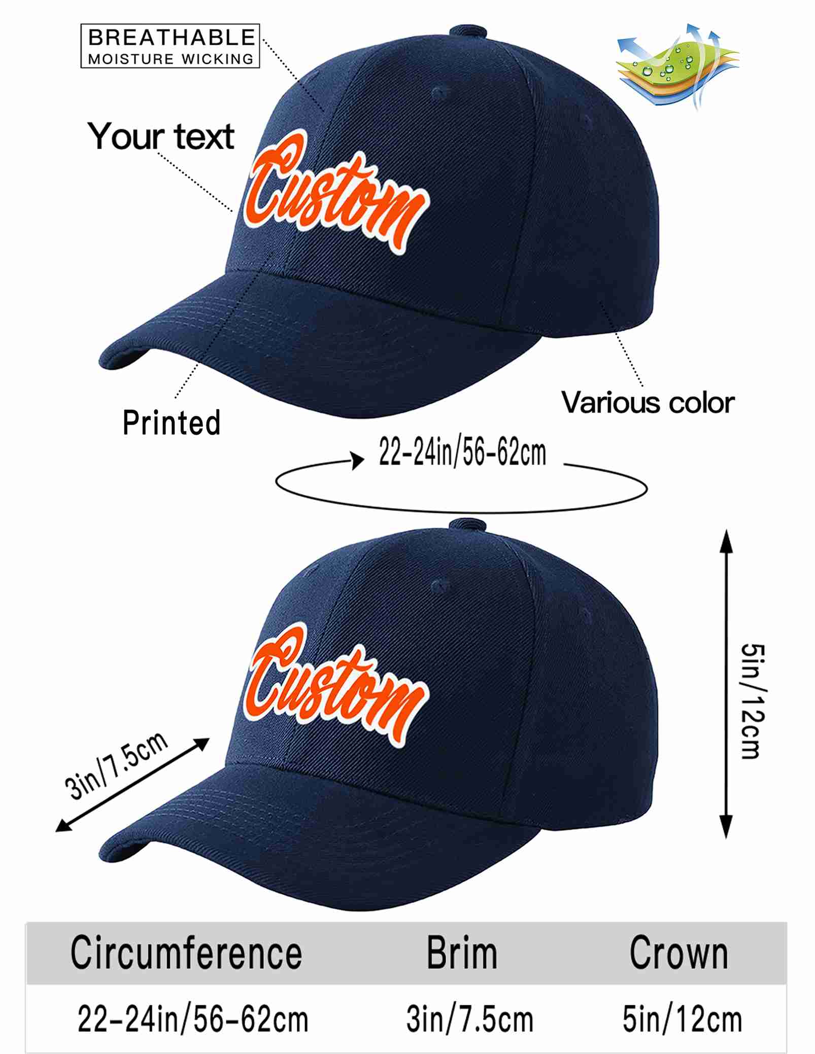 Conception personnalisée de casquette de baseball de sport incurvée orange-blanc marine pour hommes/femmes/jeunes