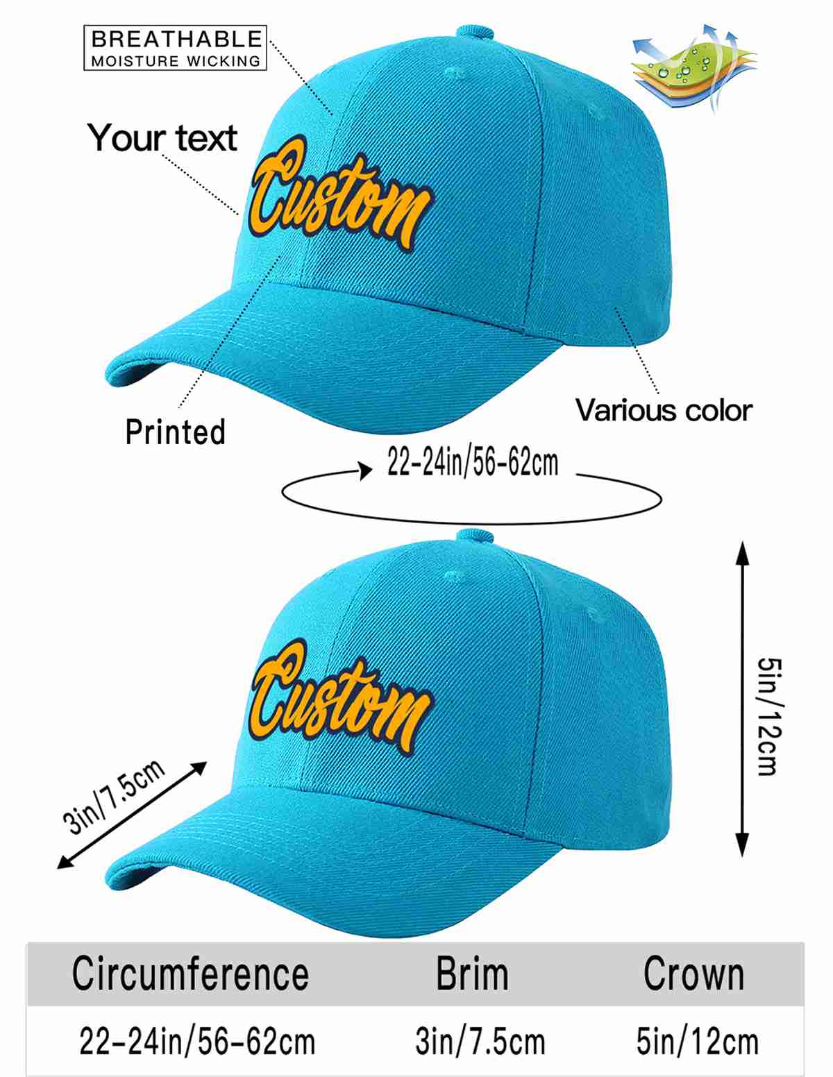 Custom Aqua Yellow-Navy Curved Eaves Sport Baseball Cap Design for Men/Women/Youth