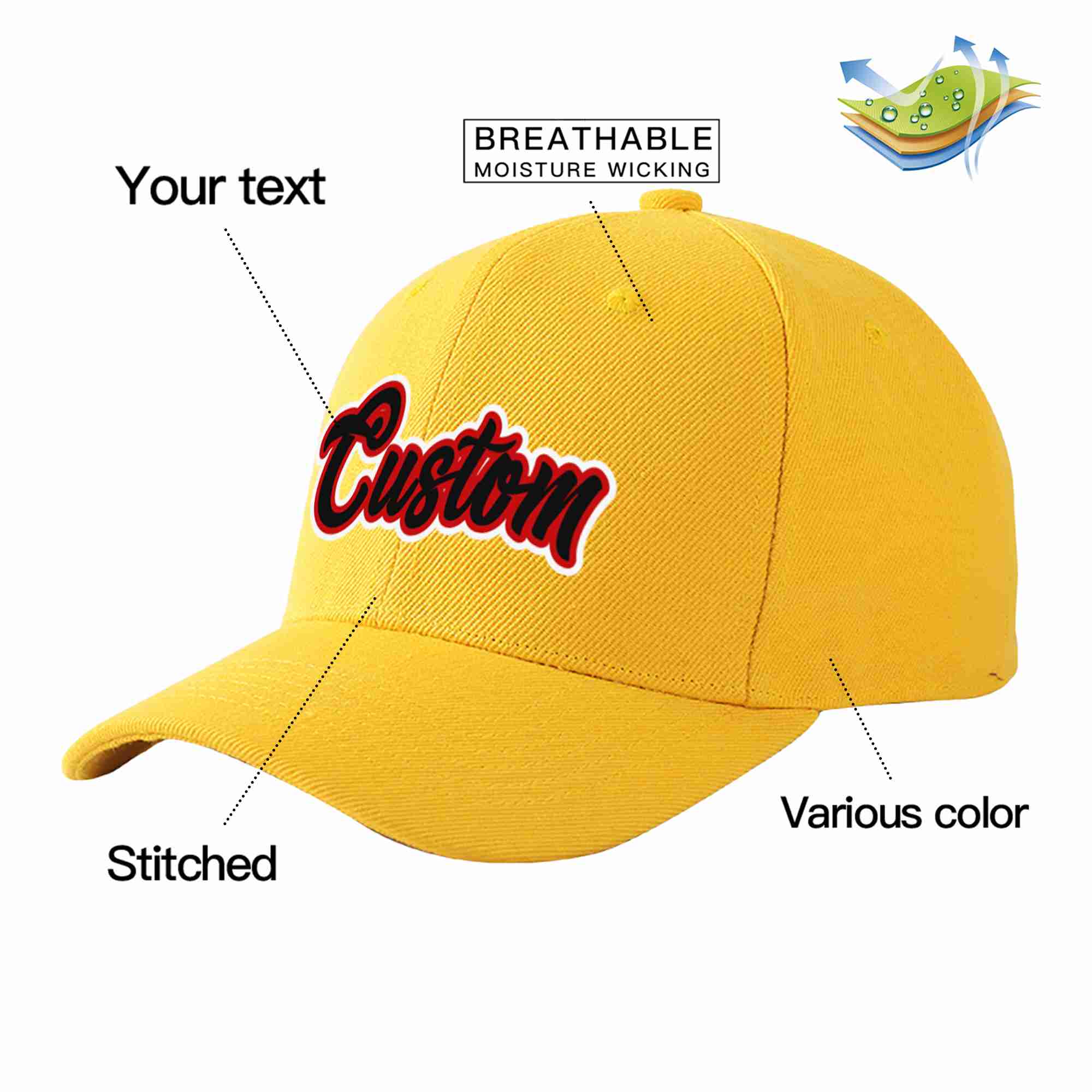 Custom Gold Black-Red Curved Eaves Sport Baseball Cap Design for Men/Women/Youth