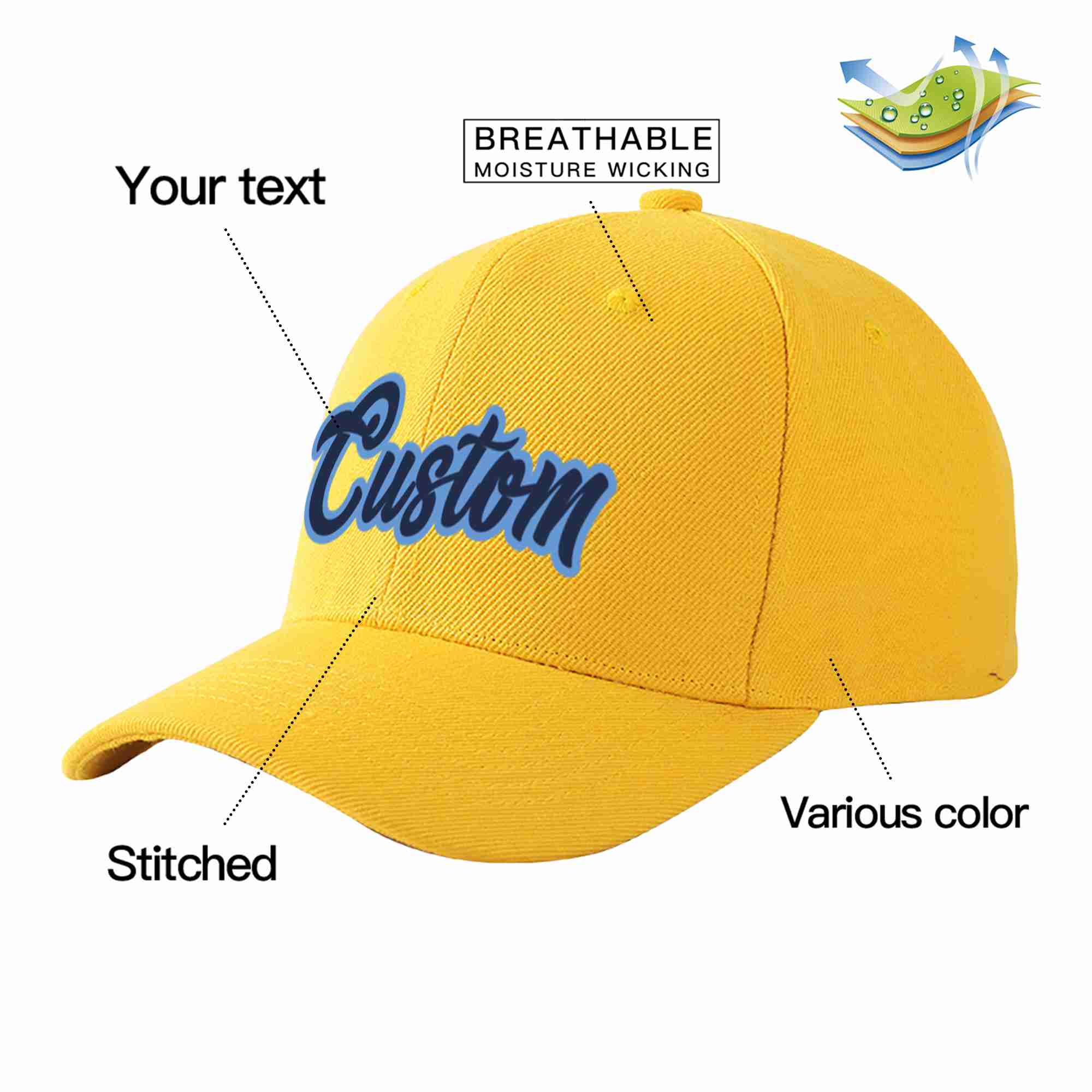 Conception personnalisée de casquette de baseball de sport incurvée bleu marine-bleu clair pour hommes/femmes/jeunes