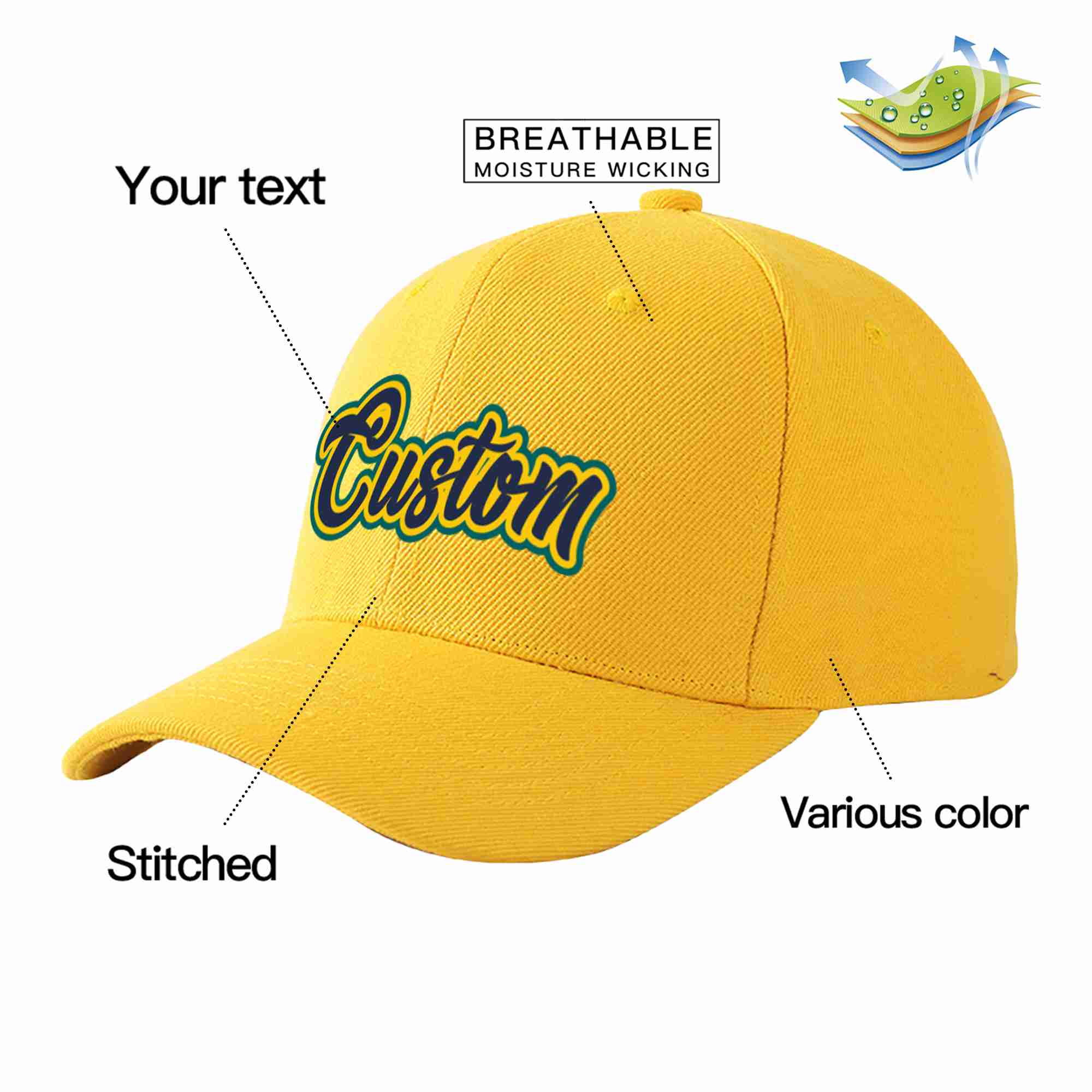 Conception personnalisée de casquette de baseball de sport courbée or marine-or pour hommes/femmes/jeunes