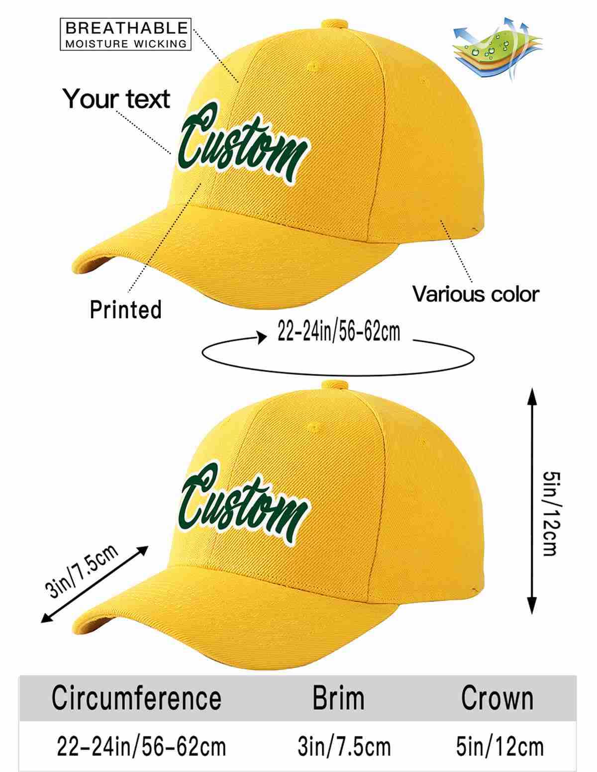 Custom Gold Green-White Curved Eaves Sport Baseball Cap Design for Men/Women/Youth