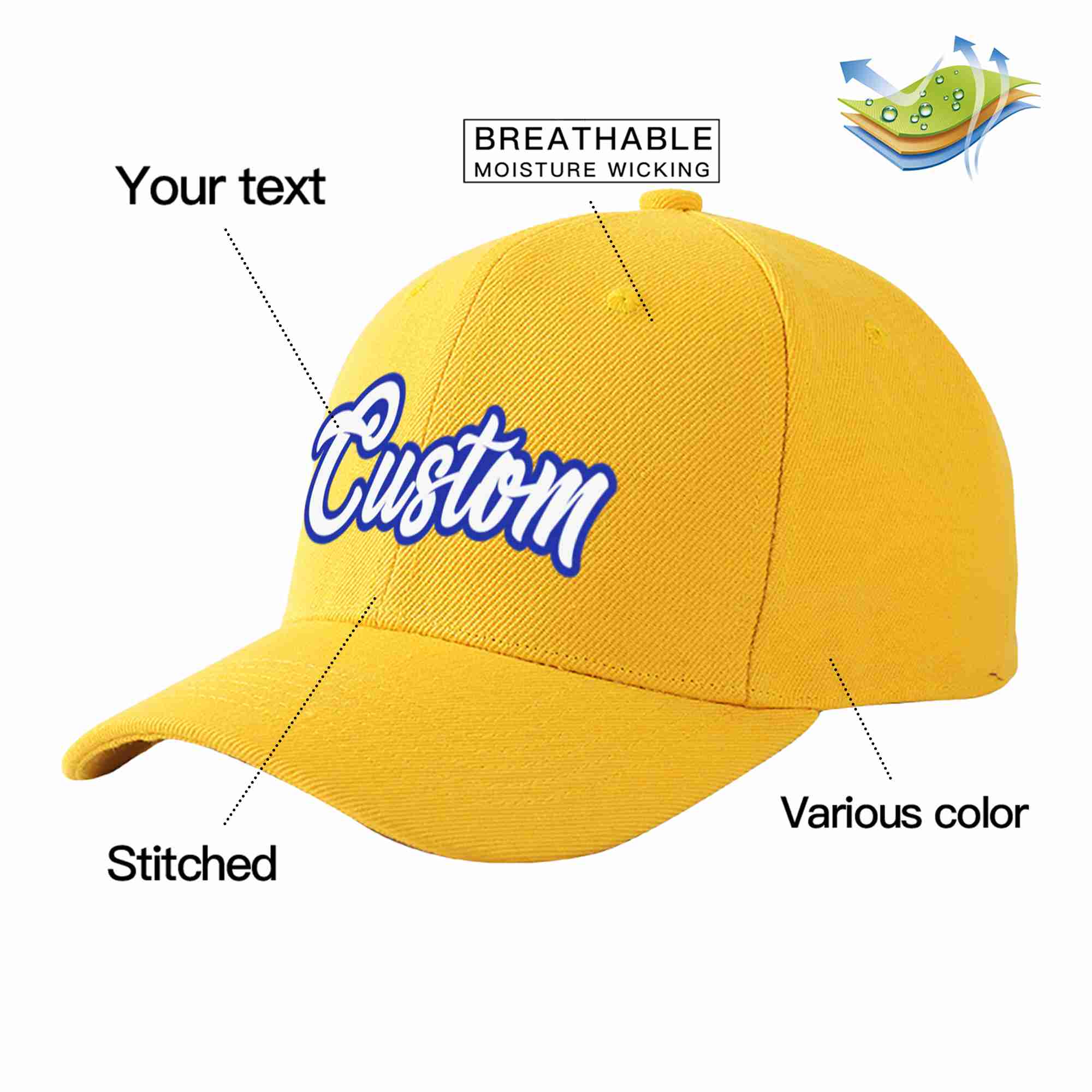 Conception personnalisée de casquette de baseball de sport incurvée Eaves blanc-royal doré pour hommes/femmes/jeunes