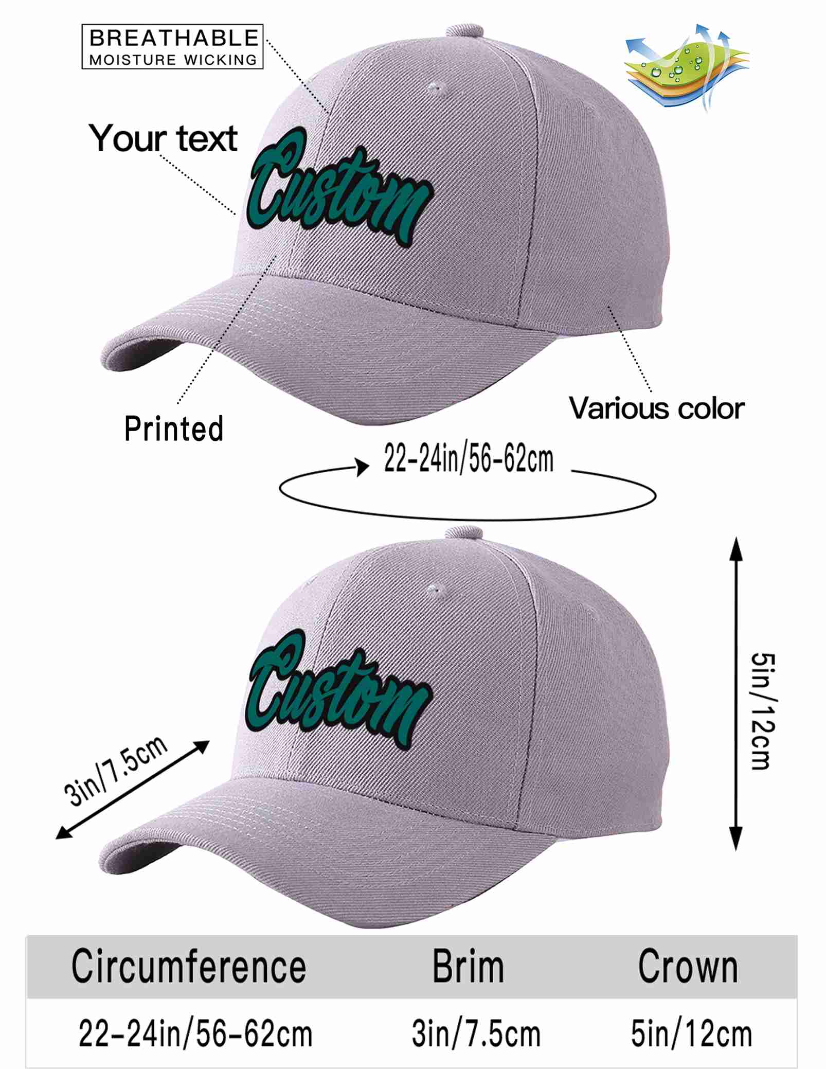 Custom Gray Aqua-Black Curved Eaves Sport Baseball Cap Design for Men/Women/Youth