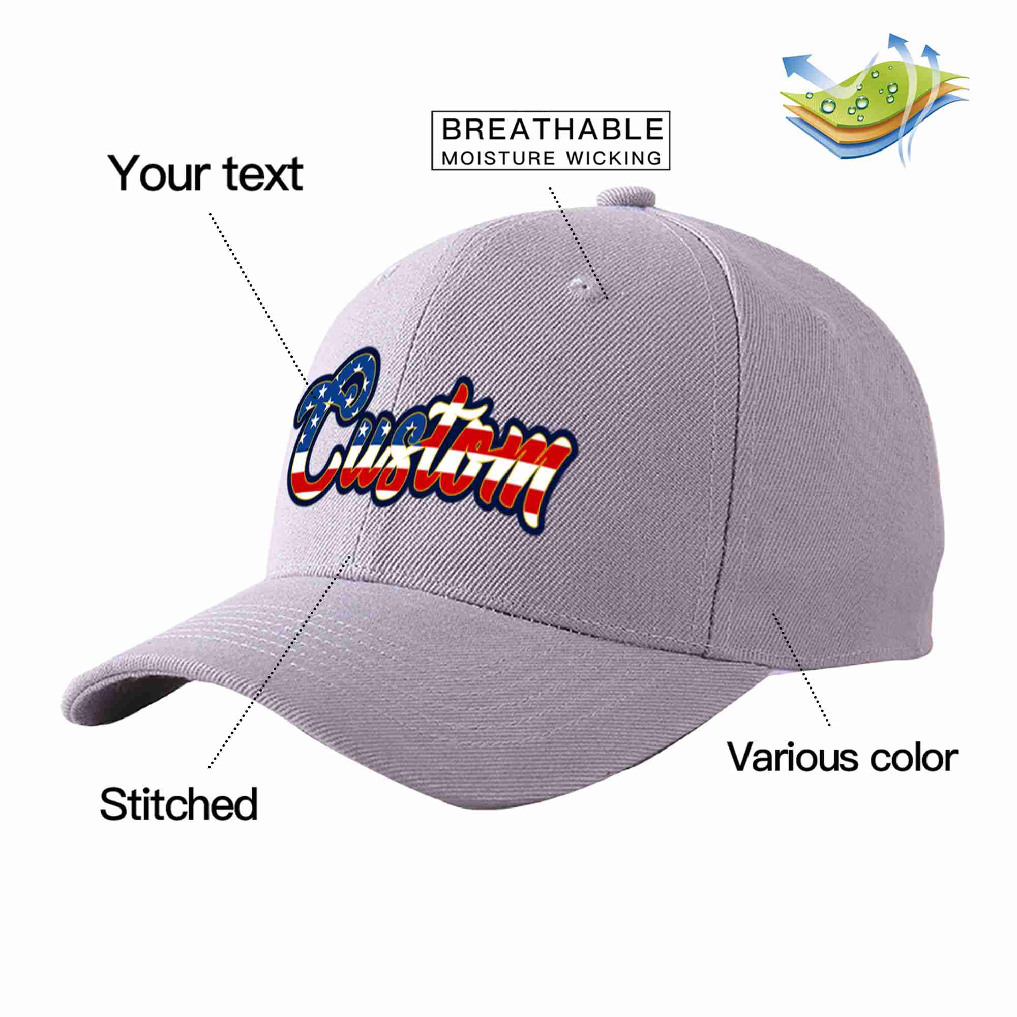 Custom Gray Vintage USA Flag-Gold Curved Eaves Sport Baseball Cap Design for Men/Women/Youth