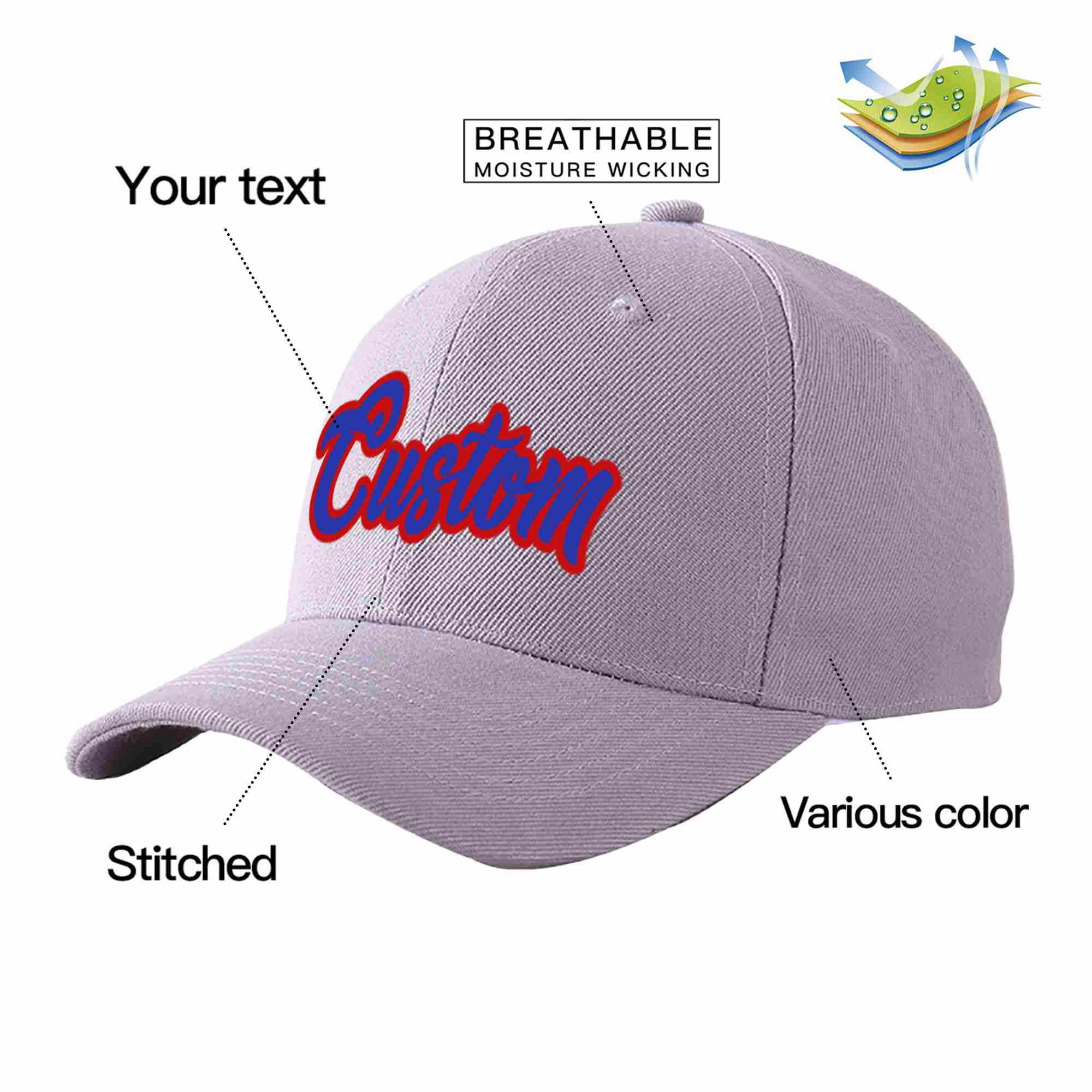 Conception personnalisée de casquette de baseball de sport incurvée gris royal-rouge pour hommes/femmes/jeunes