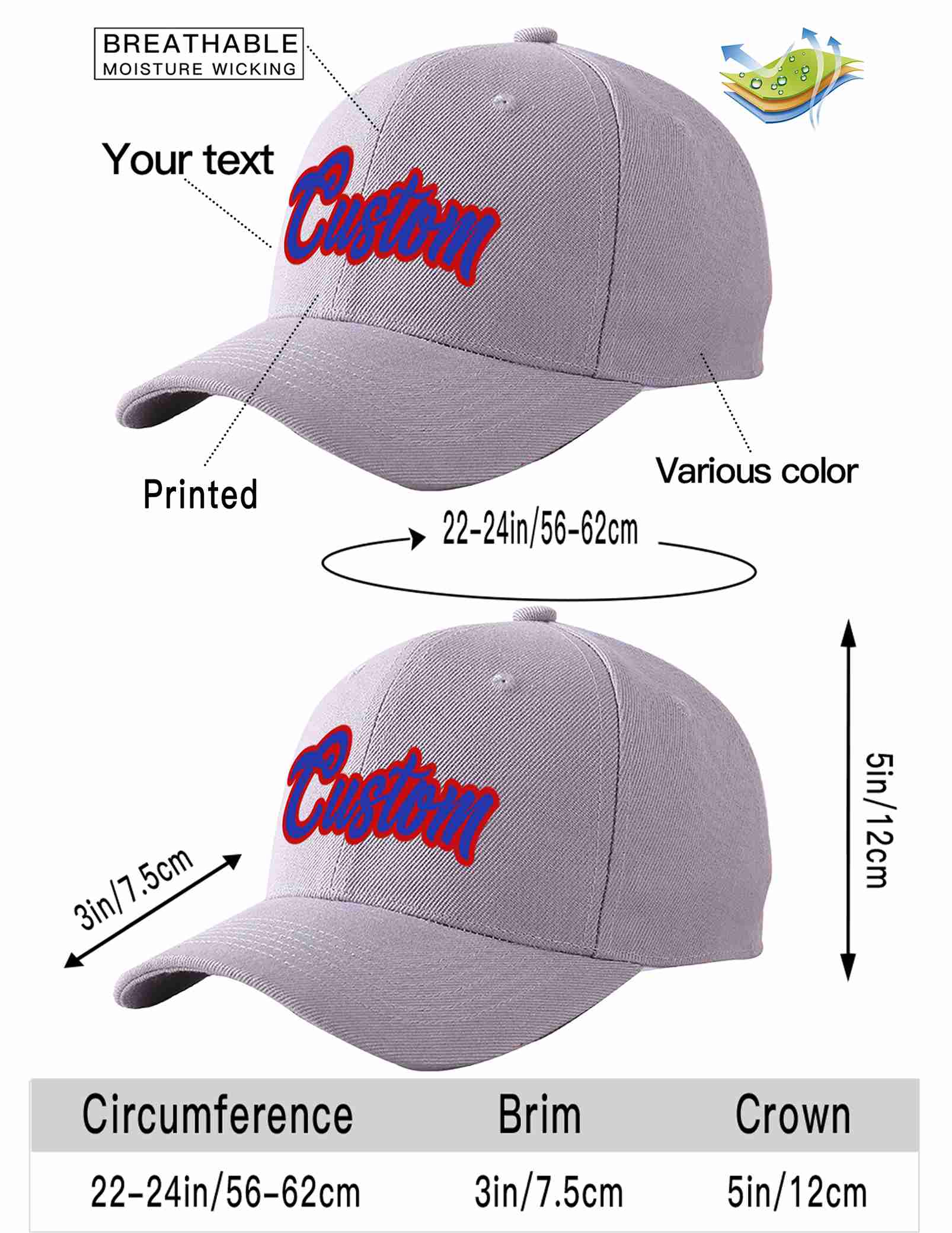 Custom Gray Royal-Red Curved Eaves Sport Baseball Cap Design for Men/Women/Youth