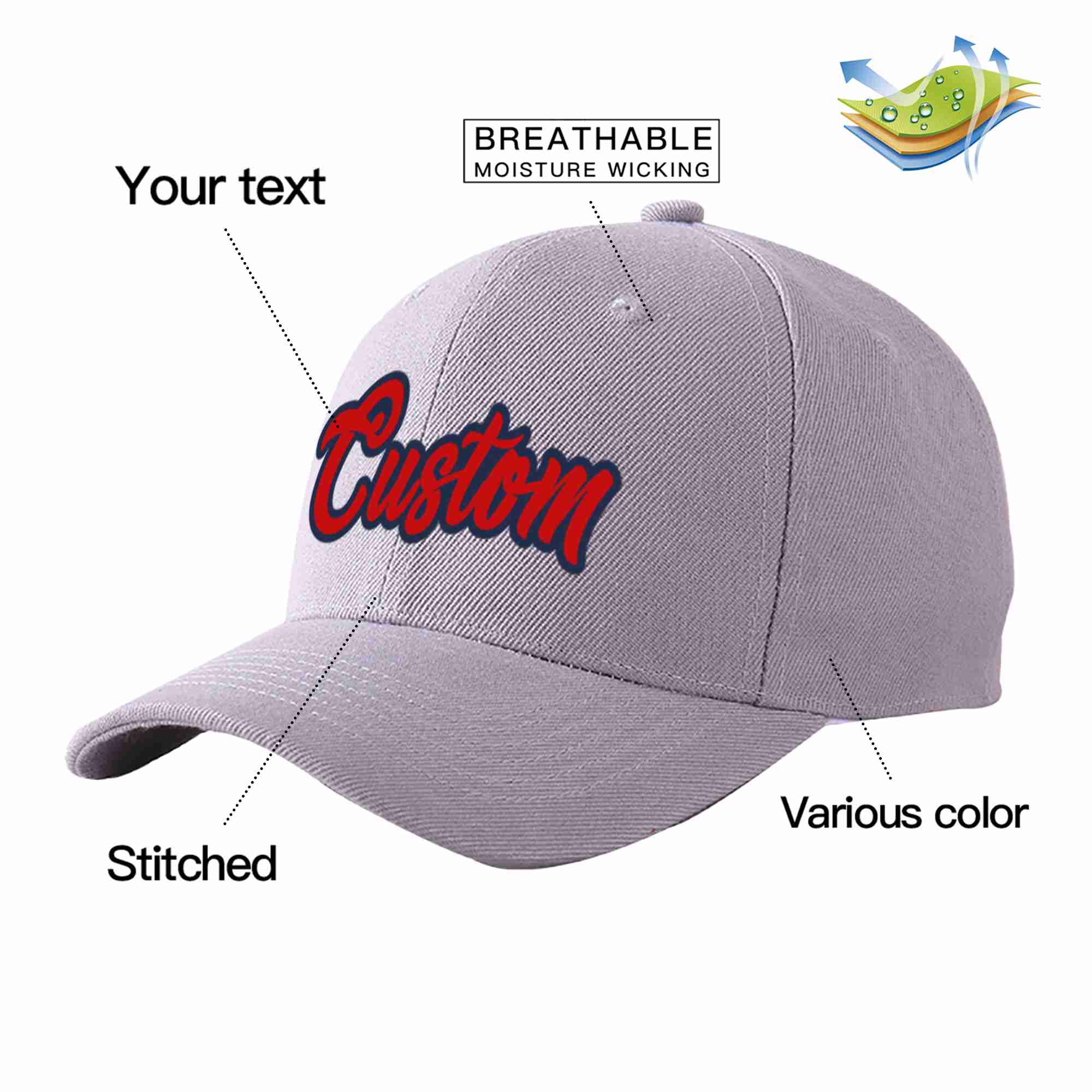 Conception personnalisée de casquette de baseball de sport courbée gris rouge-marine pour hommes/femmes/jeunes