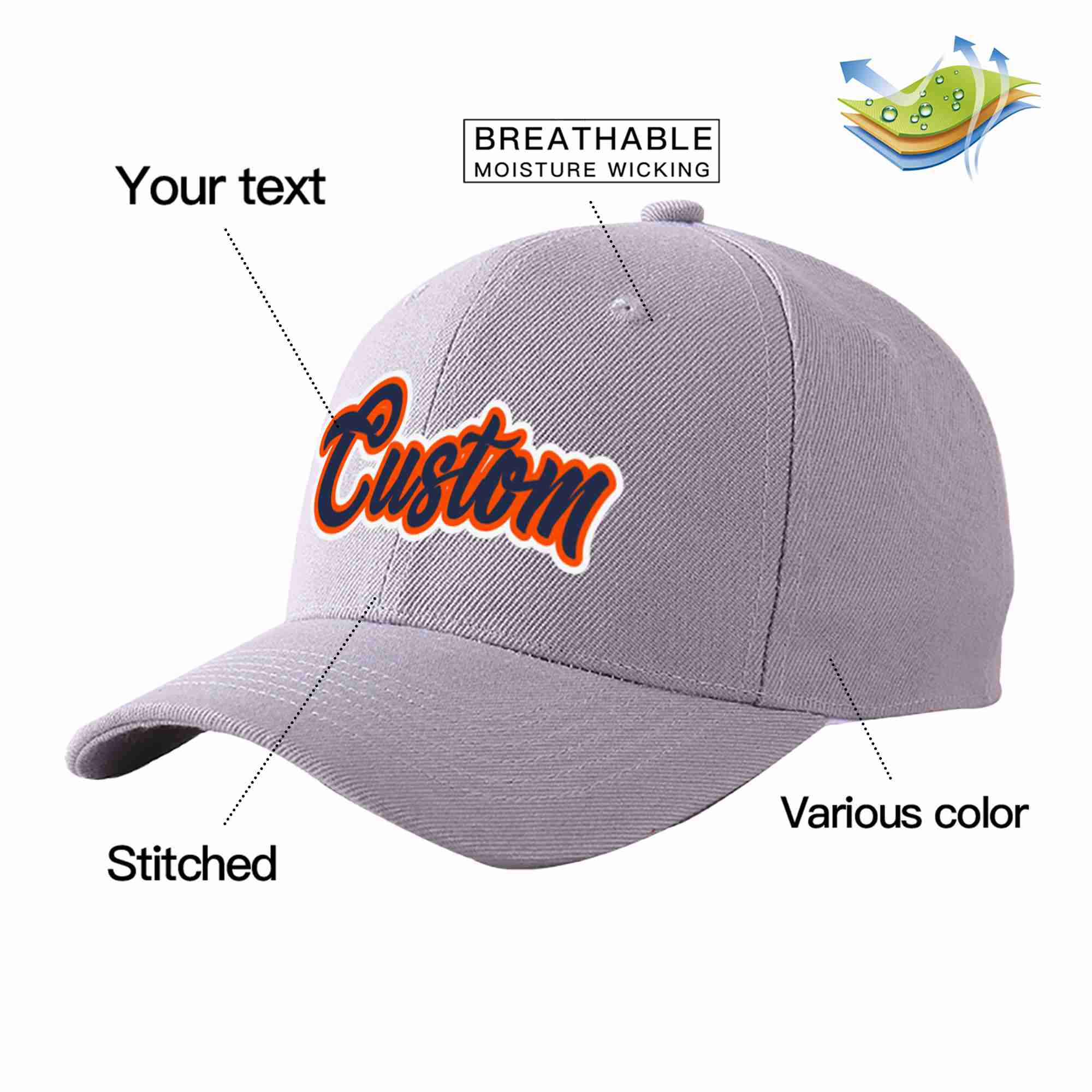 Conception personnalisée de casquette de baseball de sport incurvée gris marine-orange pour hommes/femmes/jeunes