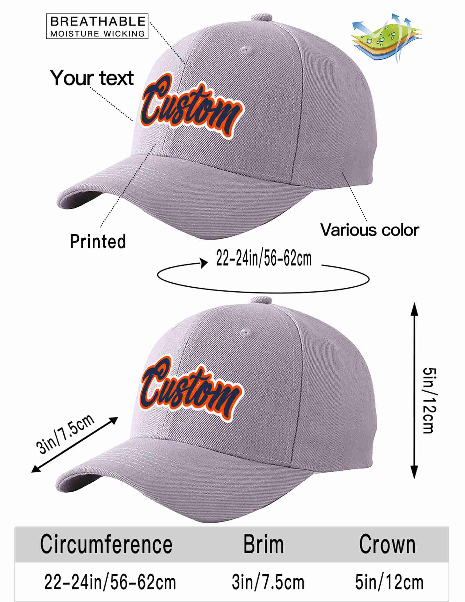 Conception personnalisée de casquette de baseball de sport incurvée gris marine-orange pour hommes/femmes/jeunes