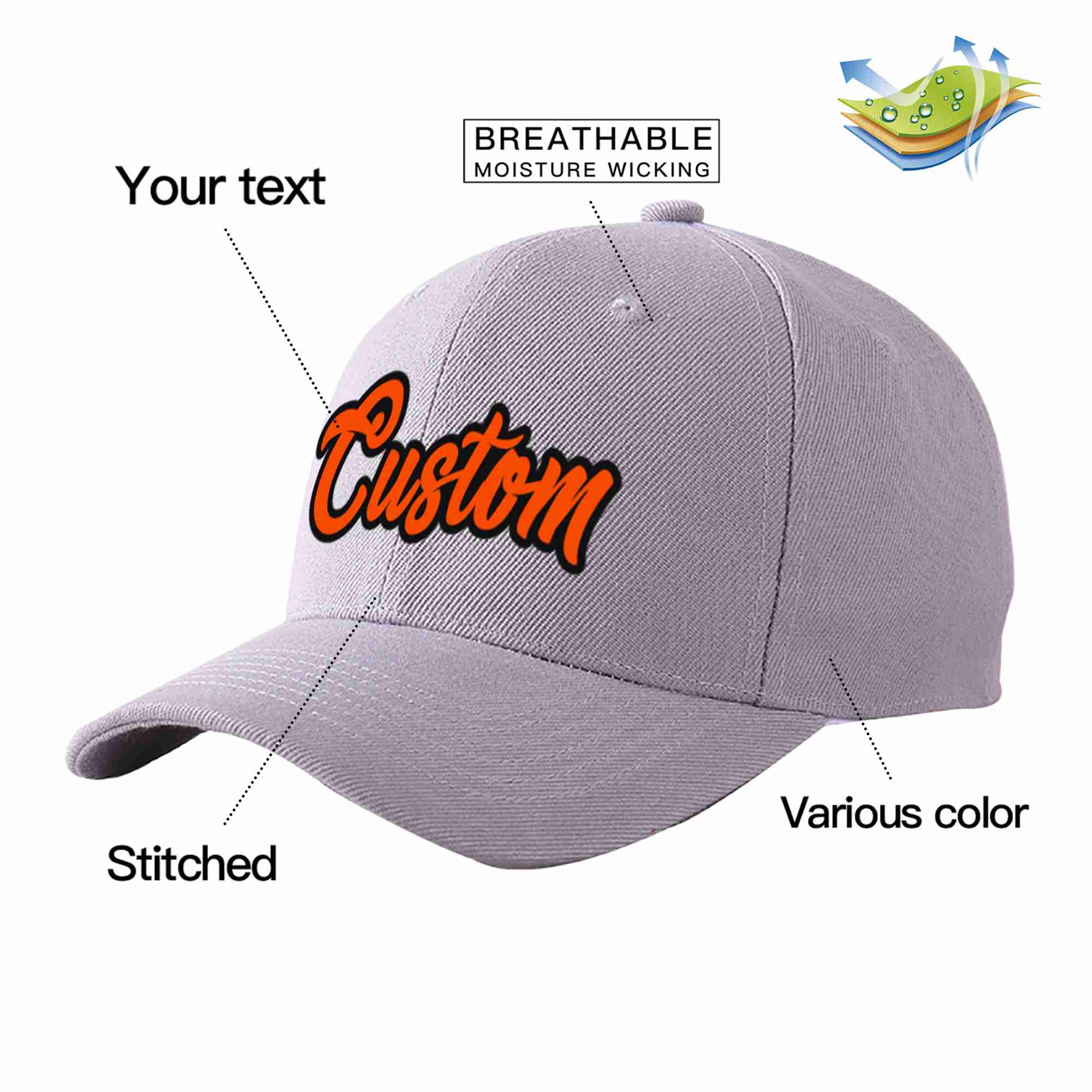 Conception personnalisée de casquette de baseball de sport incurvée gris orange-noir pour hommes/femmes/jeunes