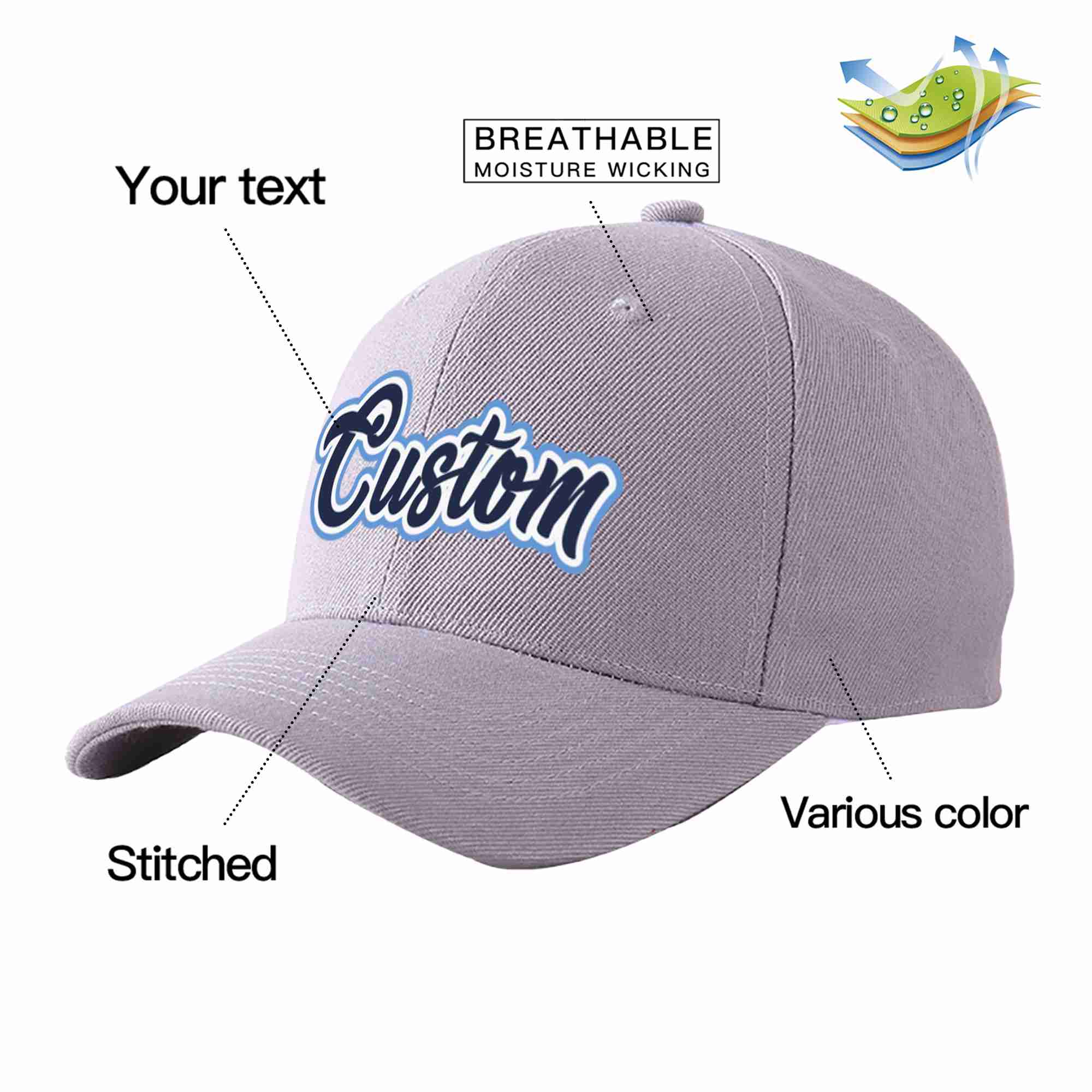 Conception personnalisée de casquette de baseball de sport incurvée gris marine-blanc pour hommes/femmes/jeunes