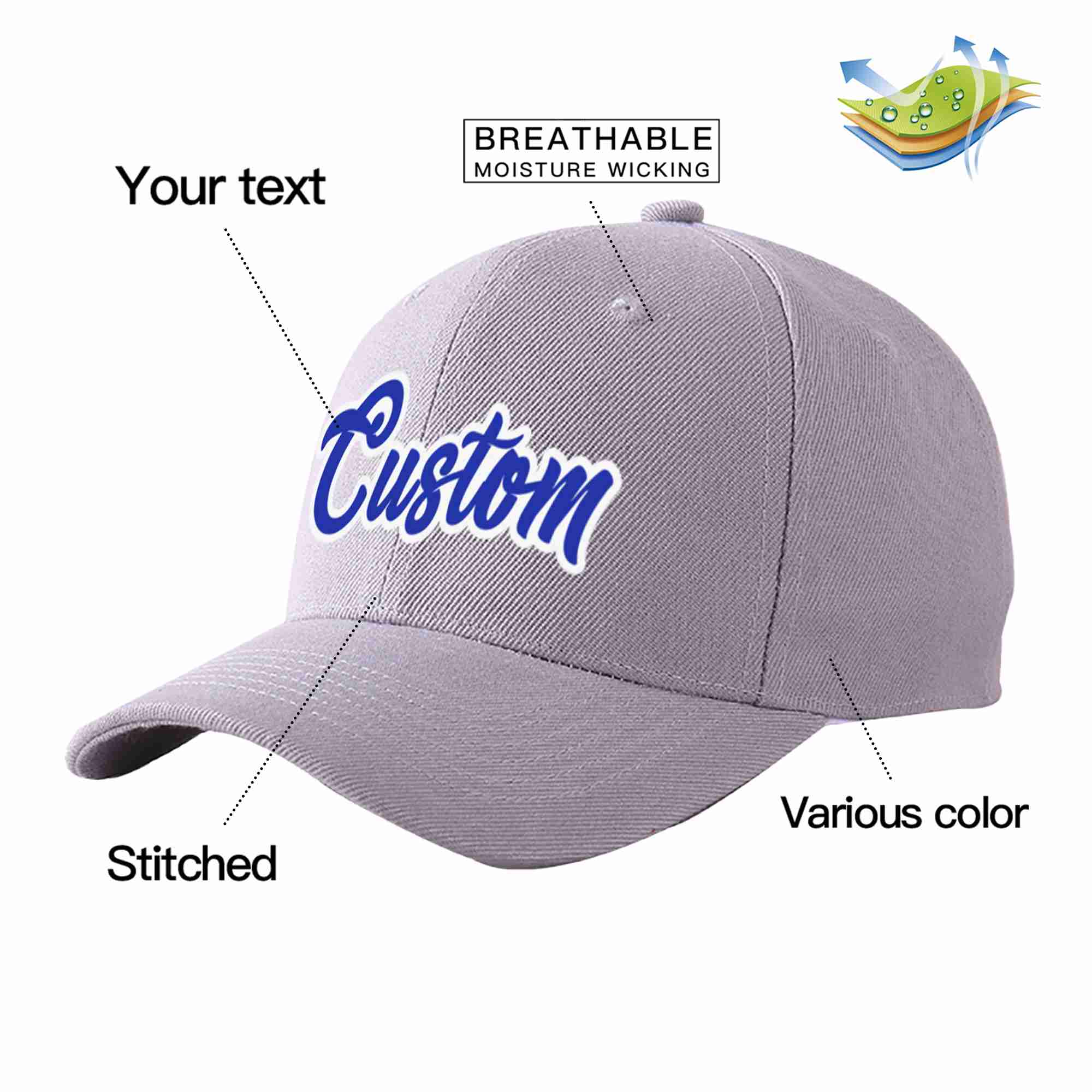 Custom Gray Royal-White Curved Eaves Sport Baseball Cap Design for Men/Women/Youth