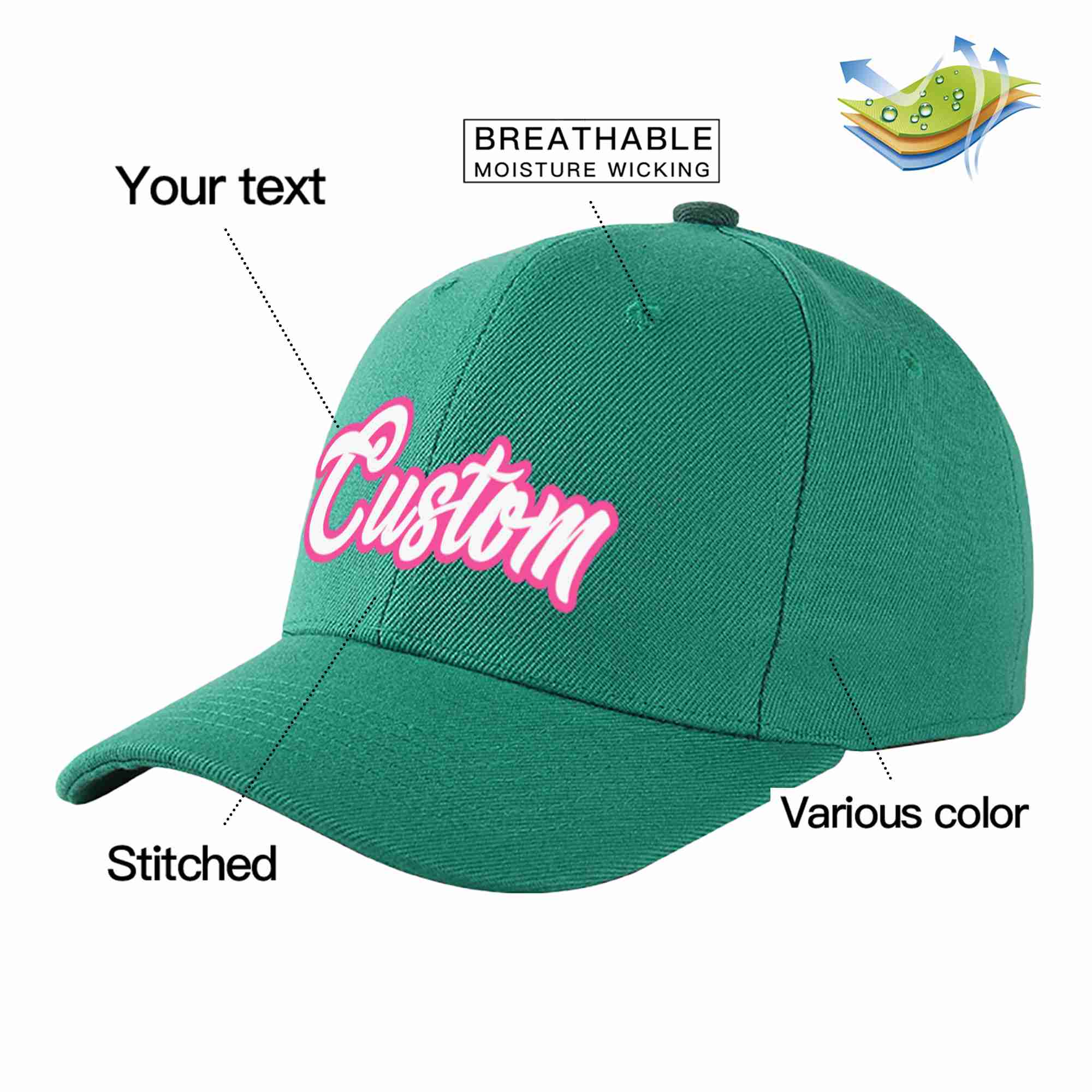 Custom Light Green White-Pink Curved Eaves Sport Baseball Cap Design for Men/Women/Youth