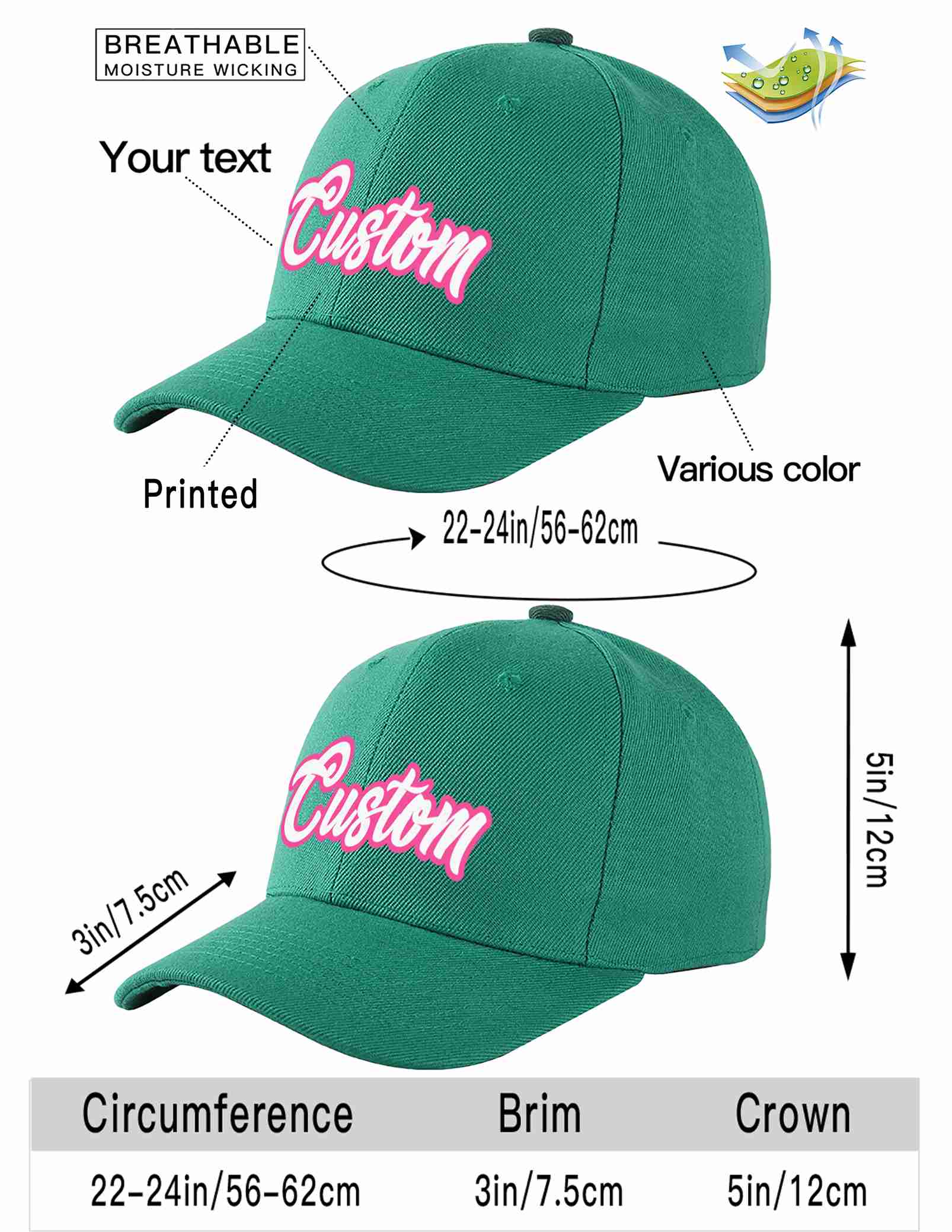 Custom Light Green White-Pink Curved Eaves Sport Baseball Cap Design for Men/Women/Youth