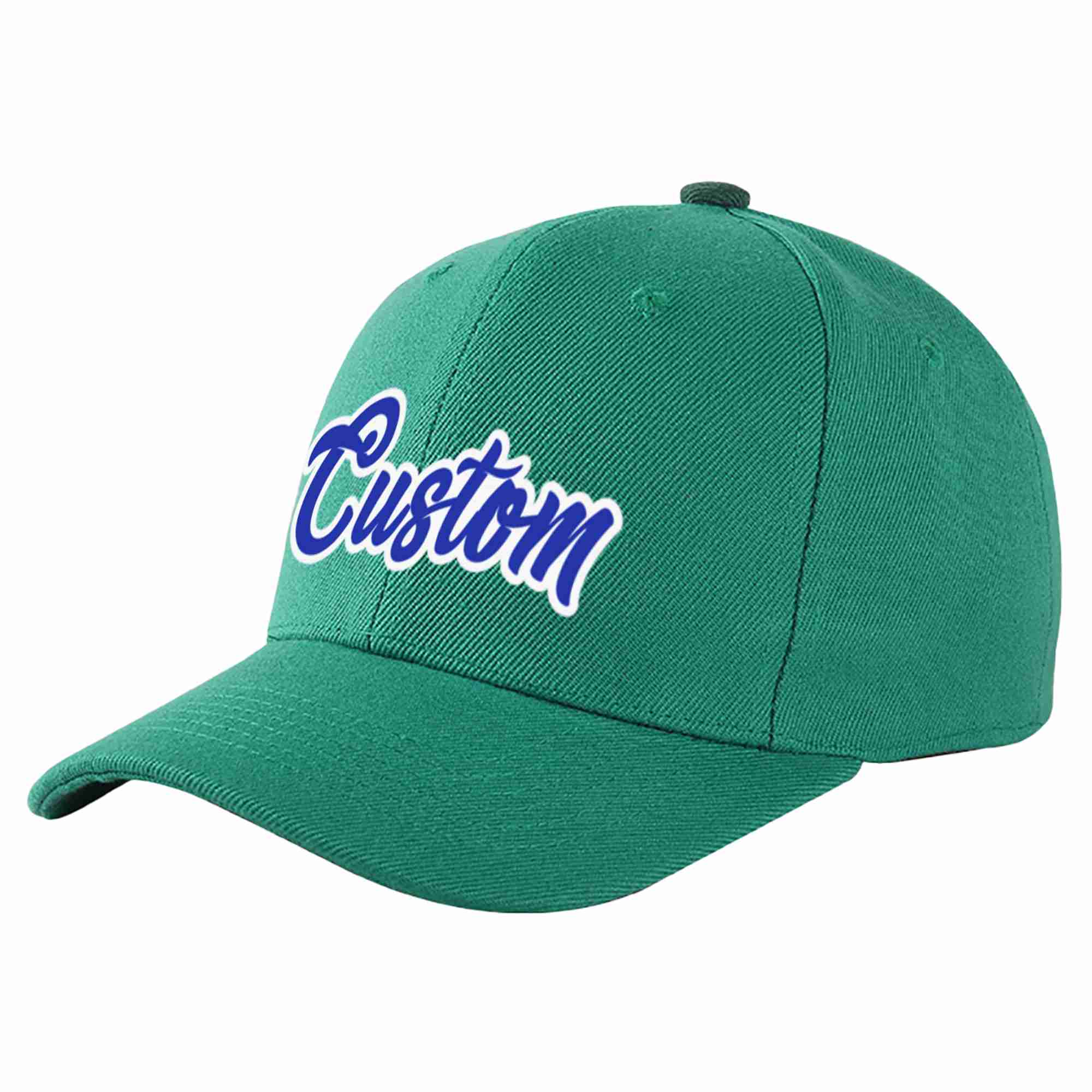 Conception personnalisée de casquette de baseball de sport incurvée vert clair royal-blanc pour hommes/femmes/jeunes