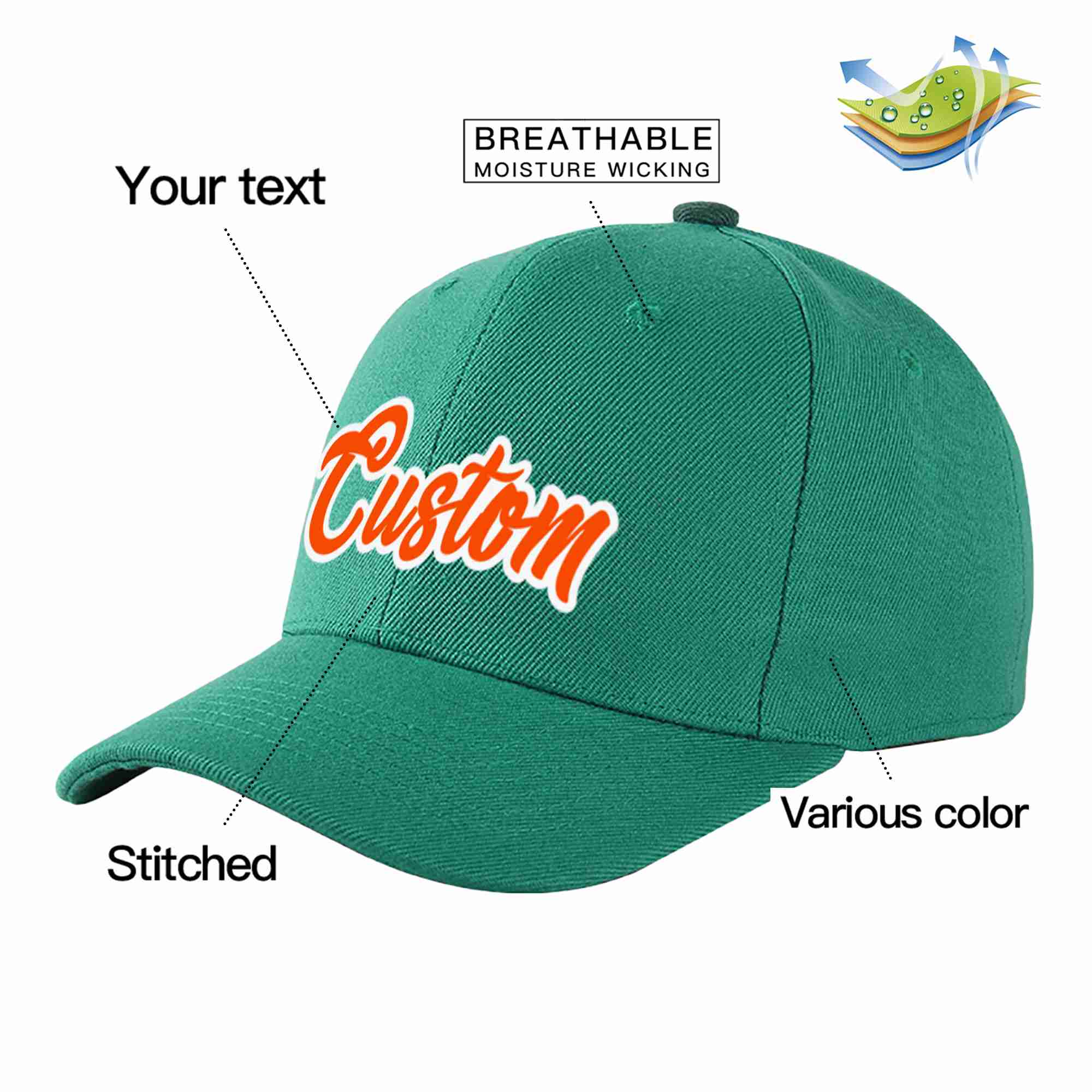 Conception personnalisée de casquette de baseball de sport incurvée vert clair orange-blanc pour hommes/femmes/jeunes